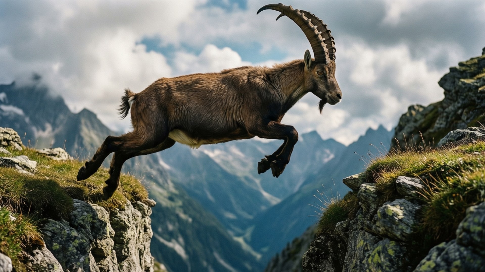 leaping ibex, rocky mountain cliffs, cloudy sky, Full HD Desktop Wallpaper
