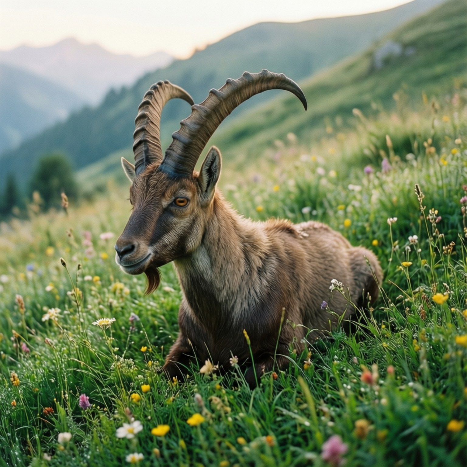 Ibex, flower meadow, sunlit, HD Desktop Wallpaper