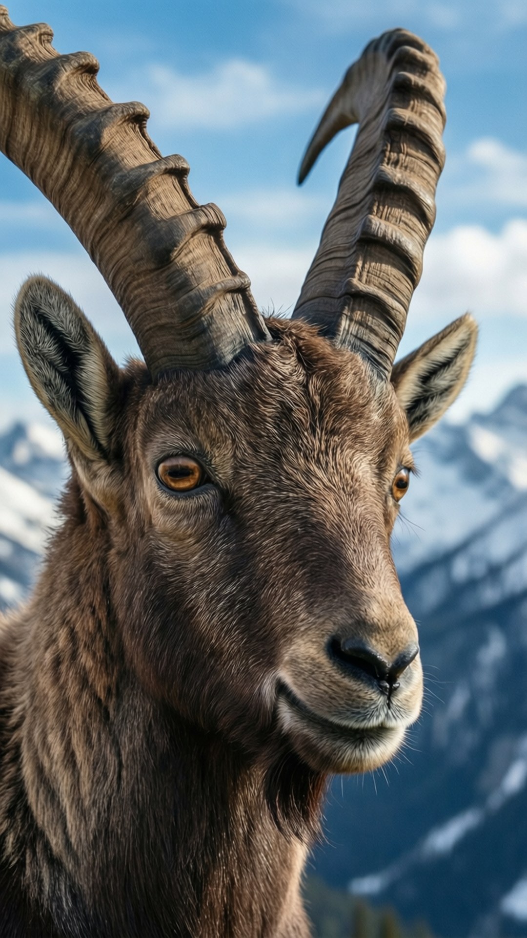 Ibex, curved horns, snowy mountain backdrop, Full HD Phone Wallpaper