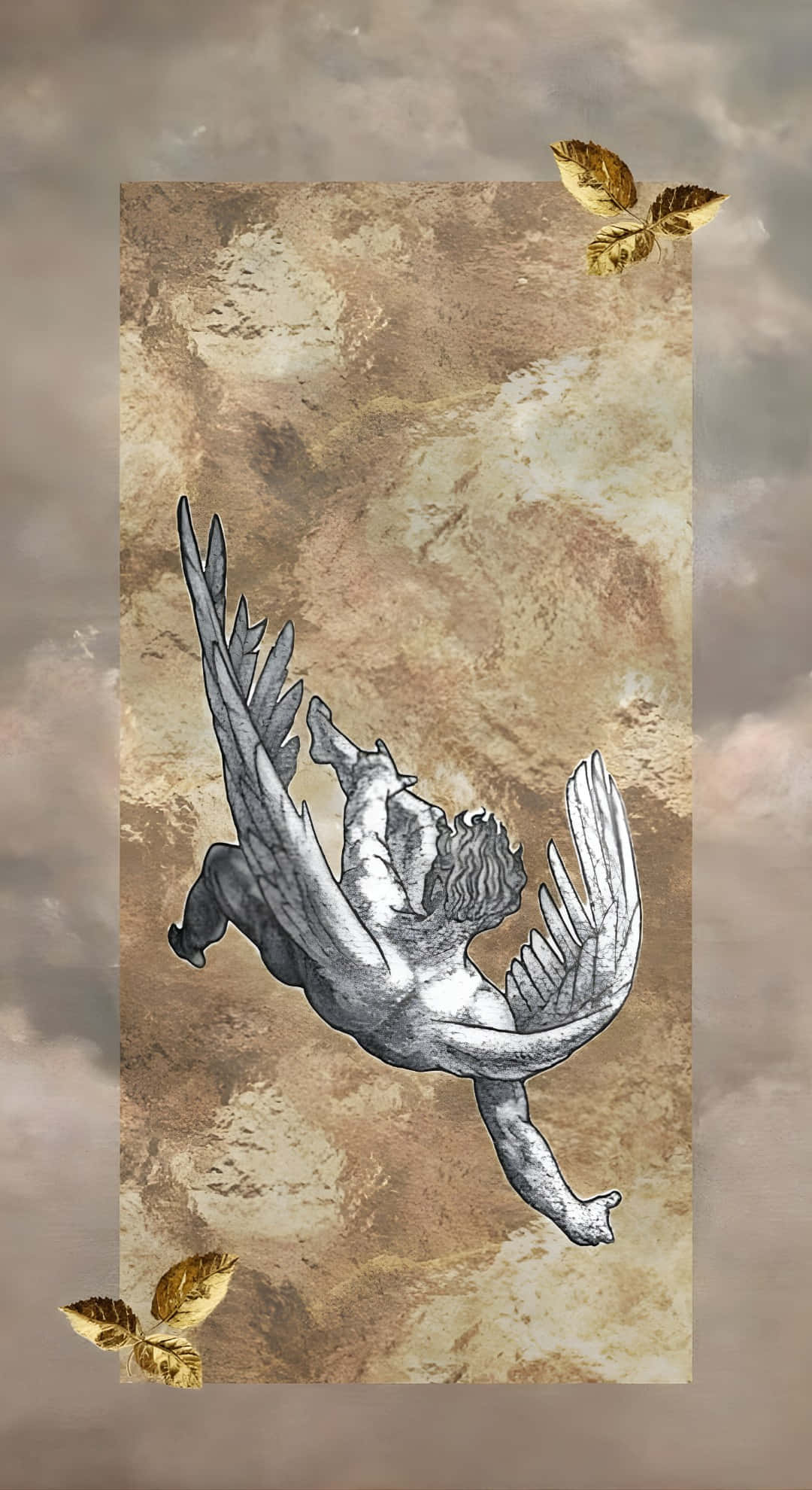 Icarus, silver-toned winged figure, textured beige marble background, Full HD Phone Wallpaper