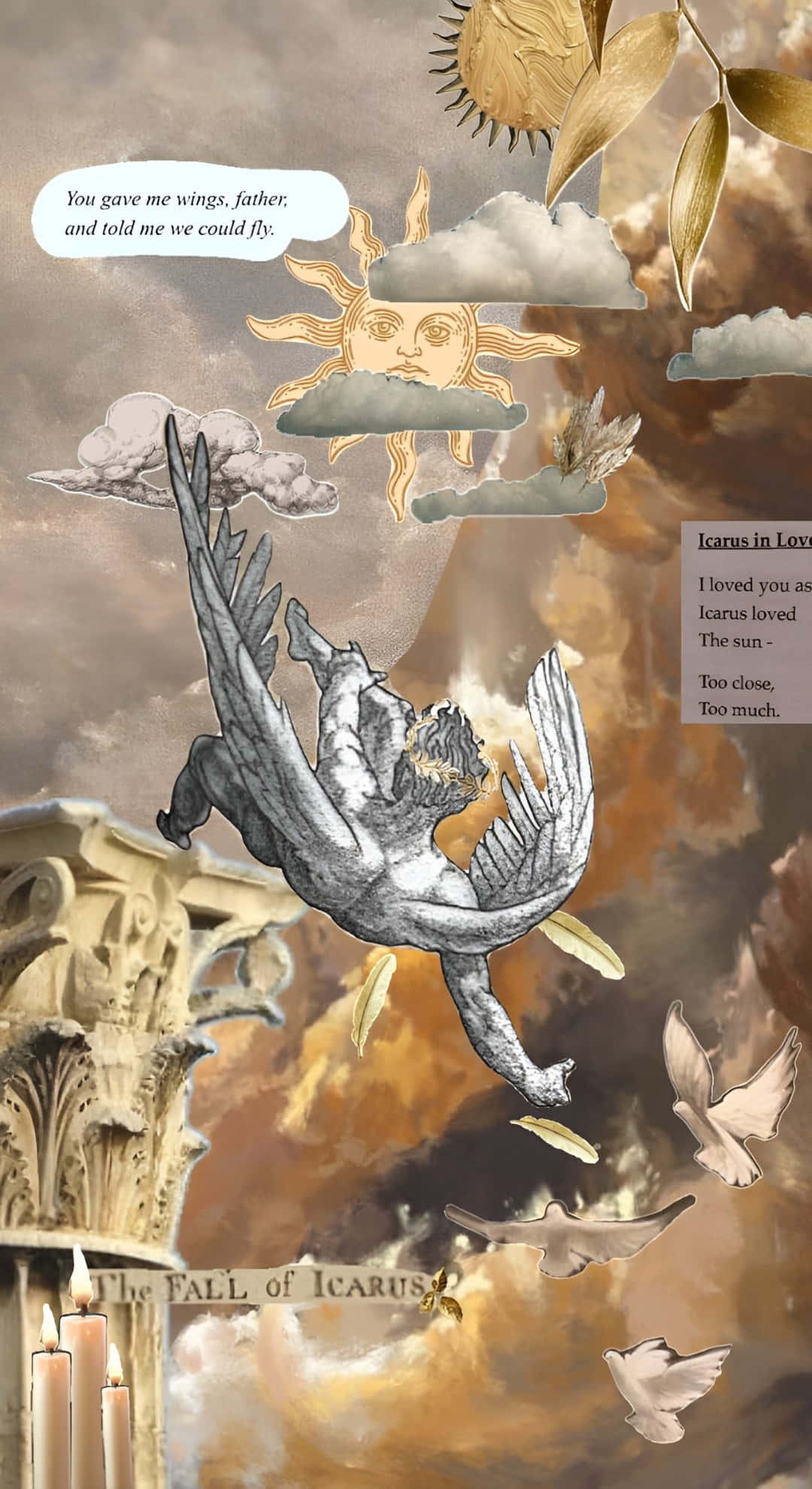 Icarus, wings melting, sun with a face, Full HD Phone Wallpaper