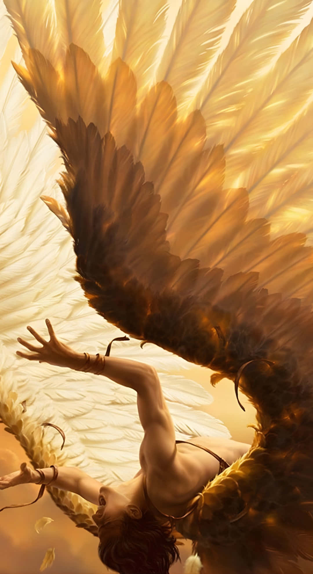 Icarus, muscular angel, massive golden and white wings, Full HD Phone Wallpaper