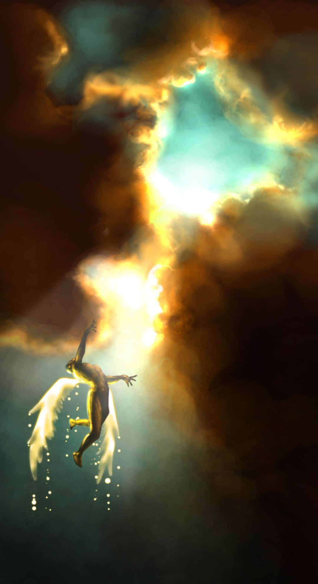 Icarus, golden-winged angel, swirling clouds, Full HD Phone Wallpaper