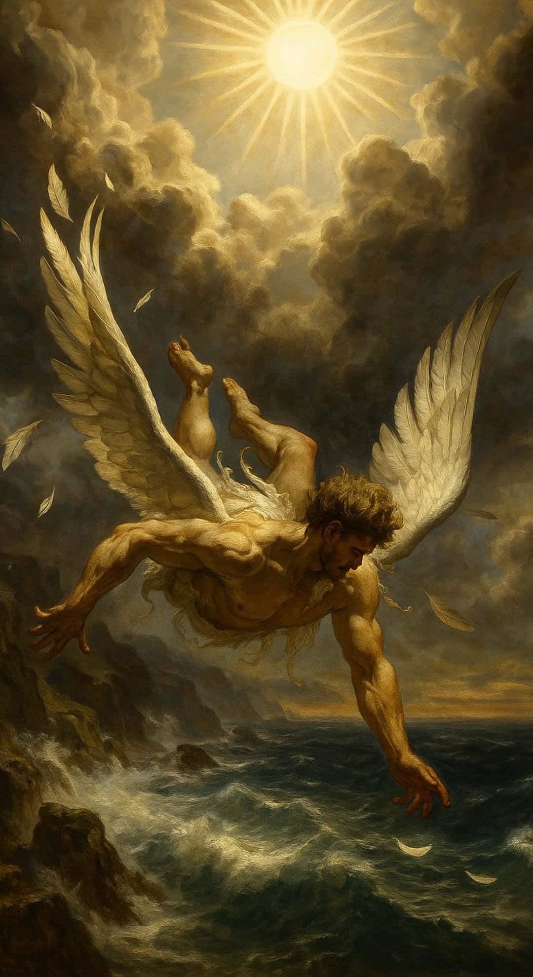 Icarus, winged man, churning ocean, Full HD Phone Wallpaper