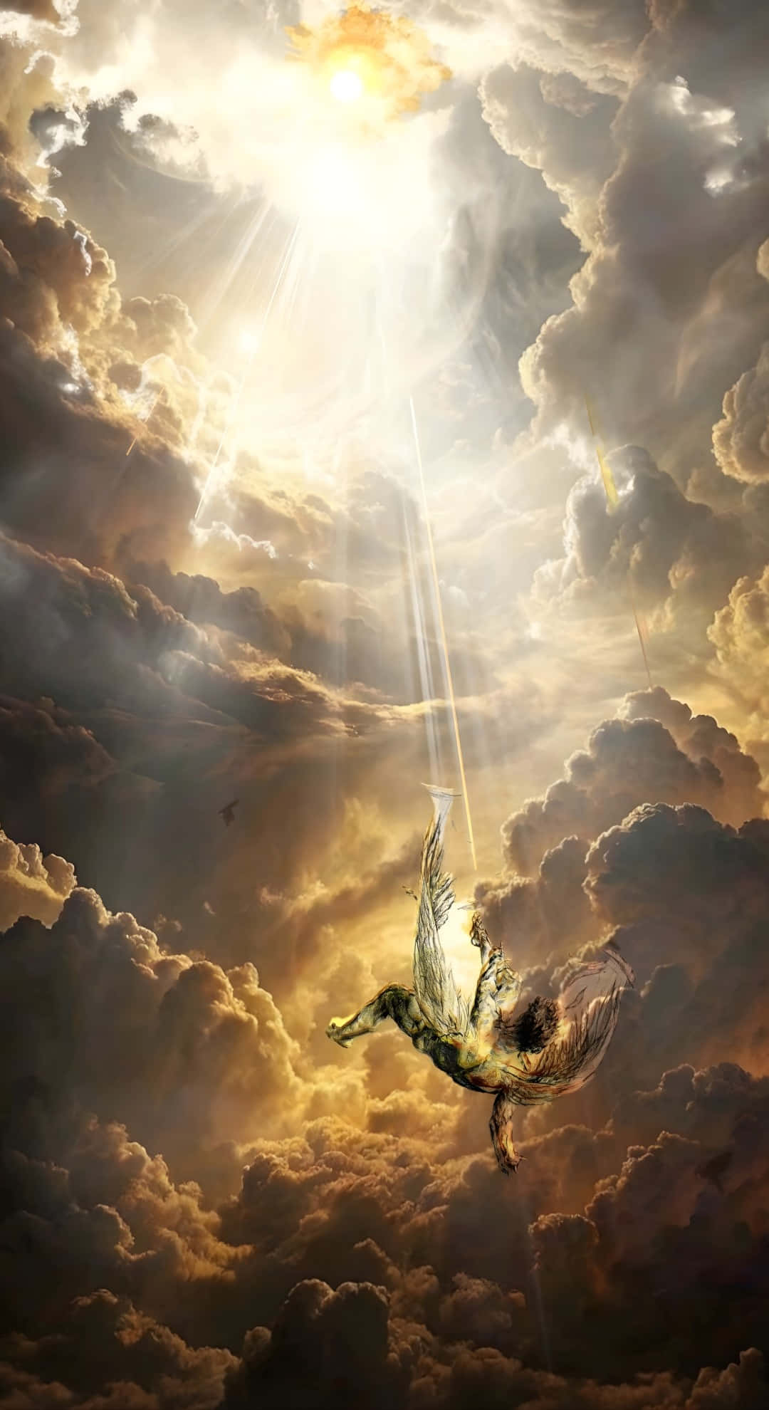 Icarus, golden-winged angel, billowing clouds, Full HD Phone Wallpaper