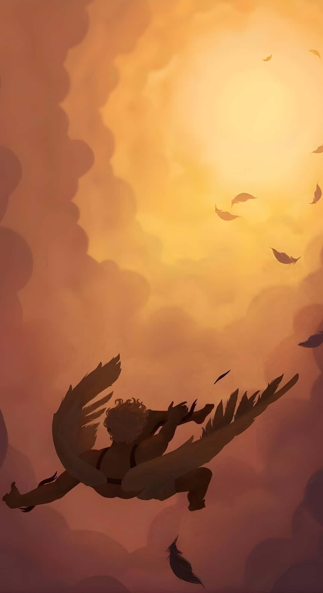 Icarus, winged figure, warm orange clouds, Full HD Phone Wallpaper