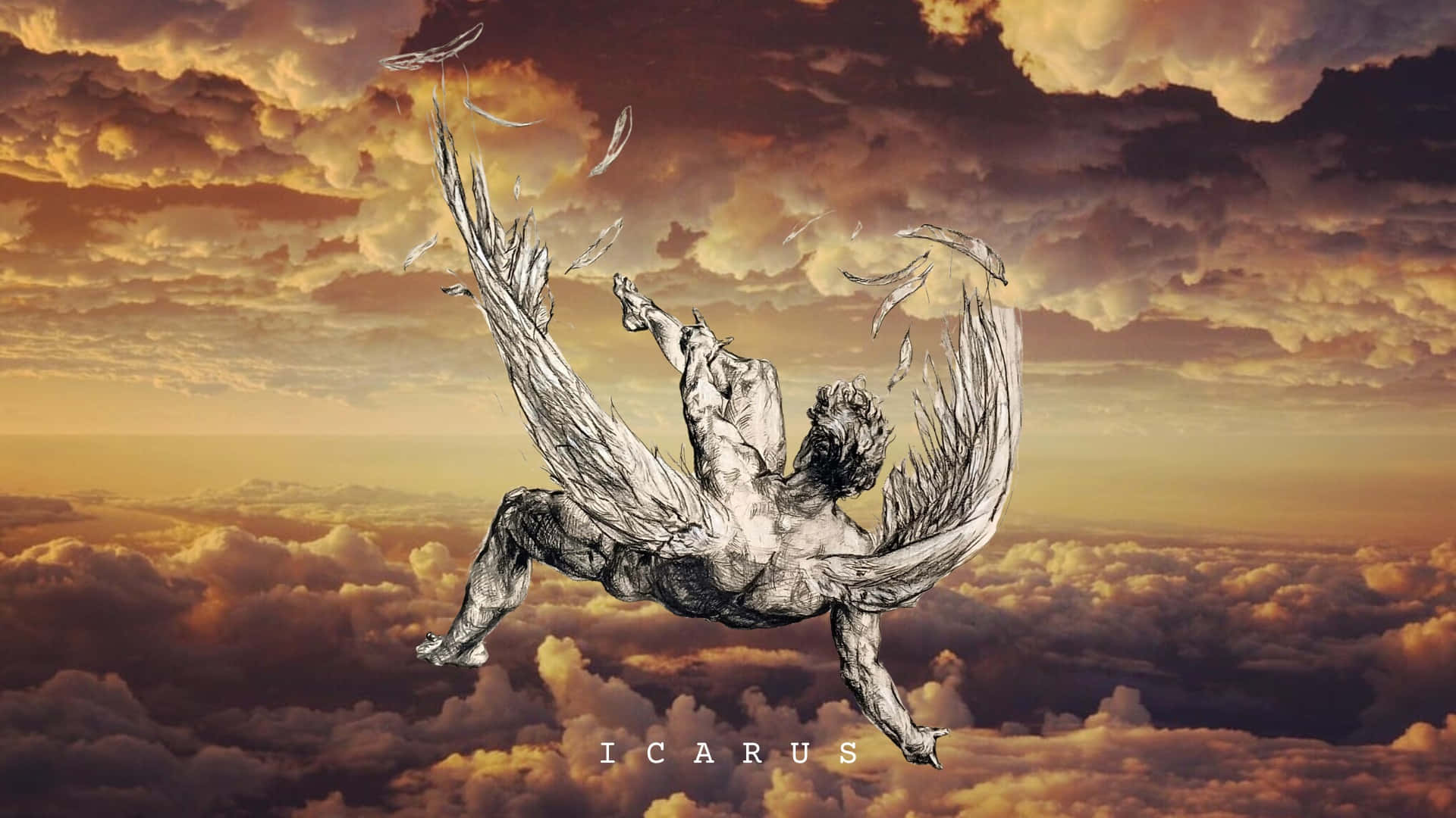 Icarus, golden clouds, feathers, Full HD Desktop Wallpaper