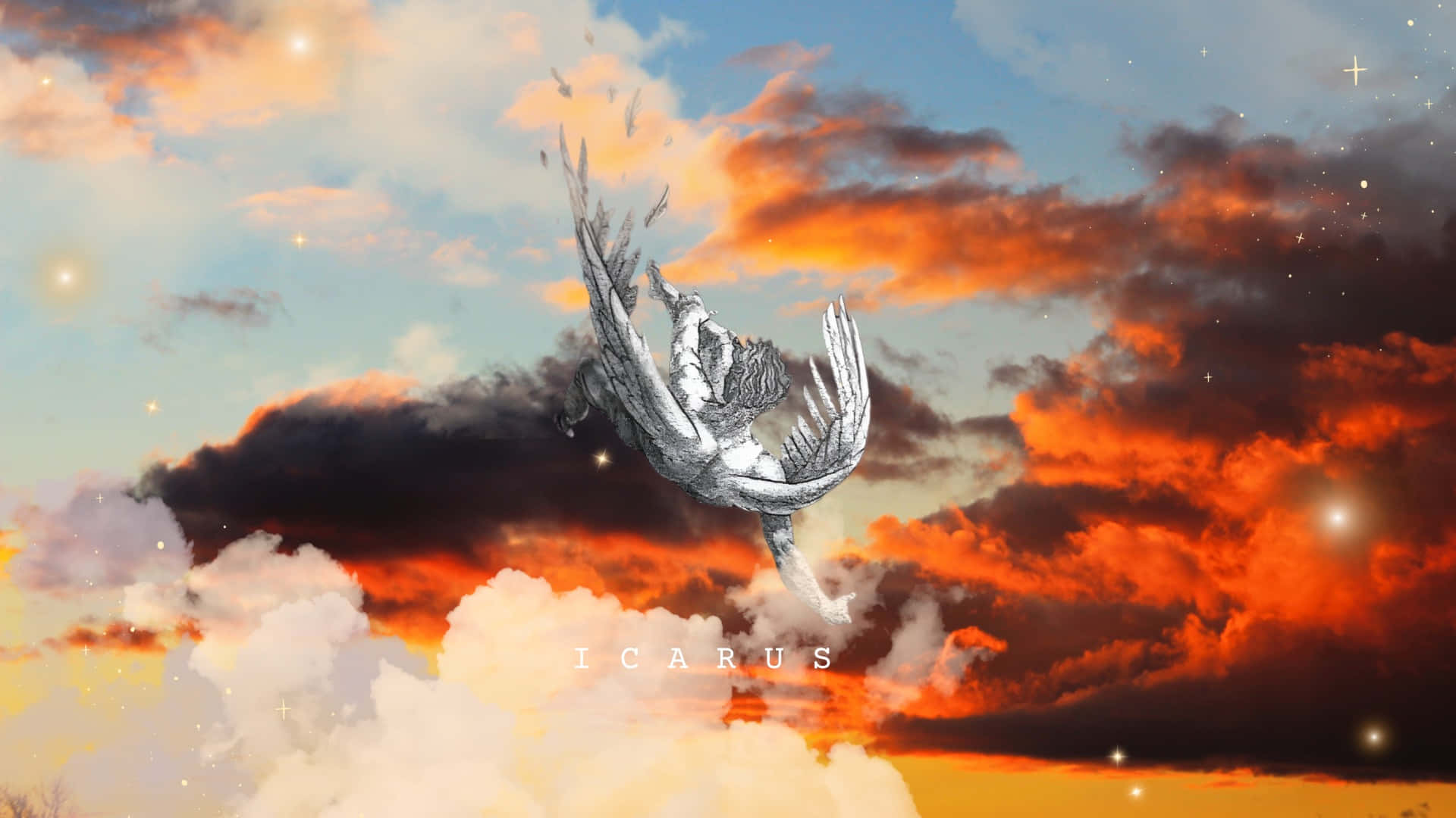 Icarus, fiery orange clouds, twilight sky, Full HD Desktop Wallpaper