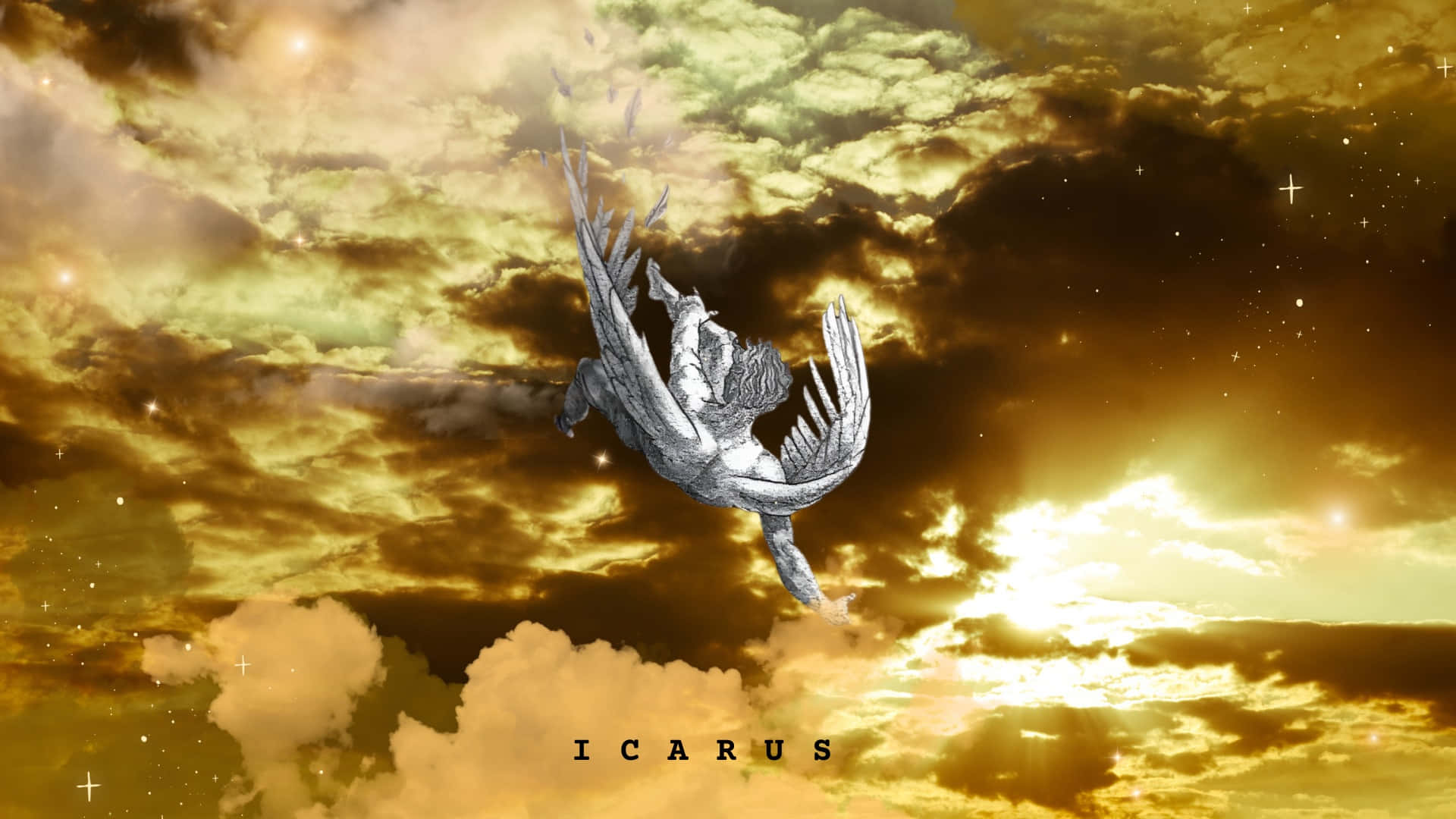 Icarus, silver-winged figure, golden clouds, Full HD Desktop Wallpaper