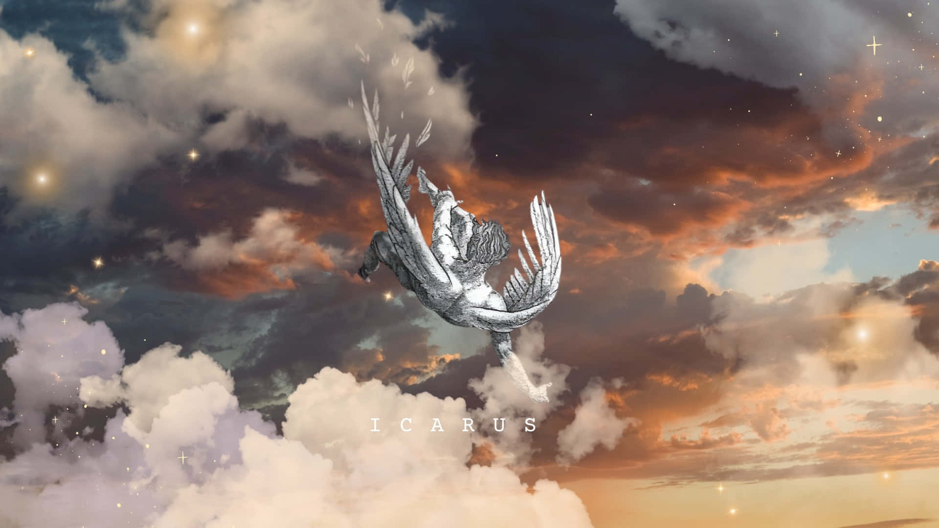 Icarus, silver-winged figure, orange clouds, Full HD Desktop Wallpaper