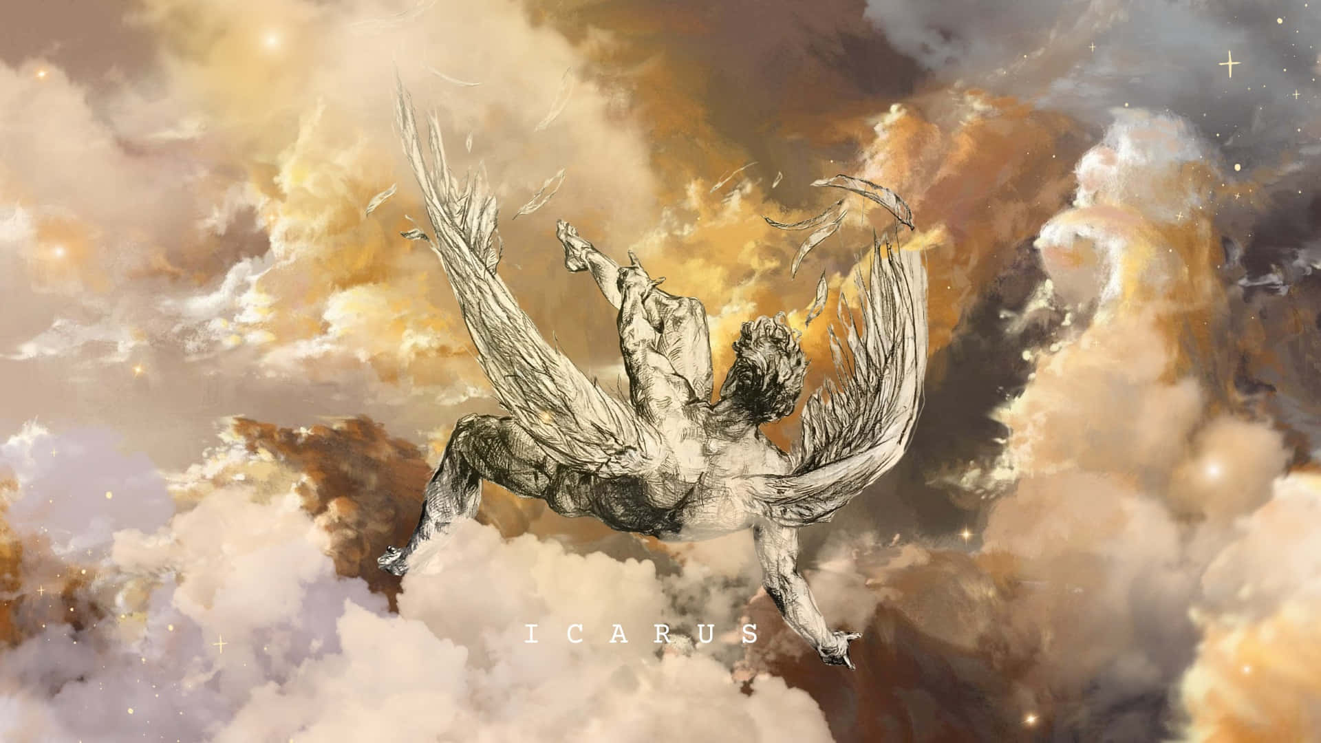 Icarus, winged figure, golden clouds, Full HD Desktop Wallpaper