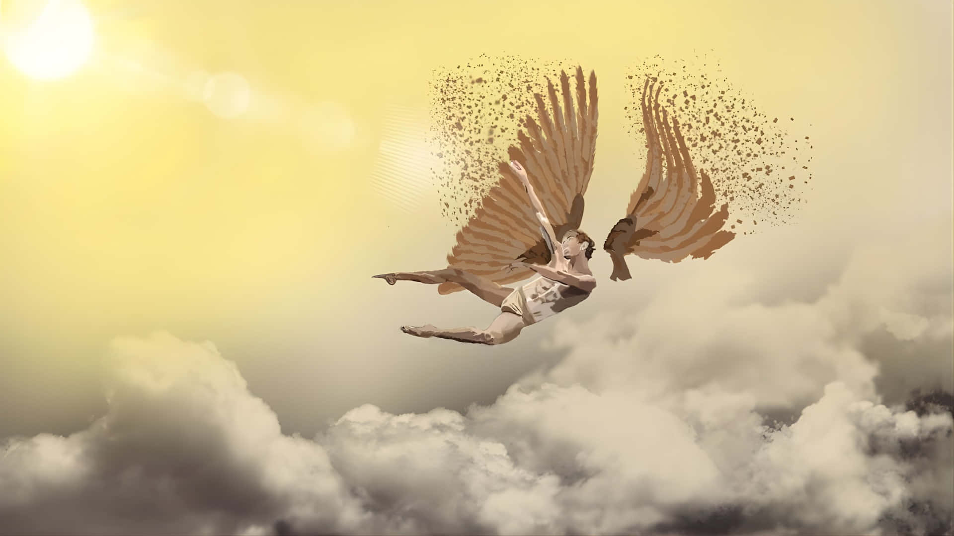 Icarus, feathered wings, storm clouds, Full HD Desktop Wallpaper