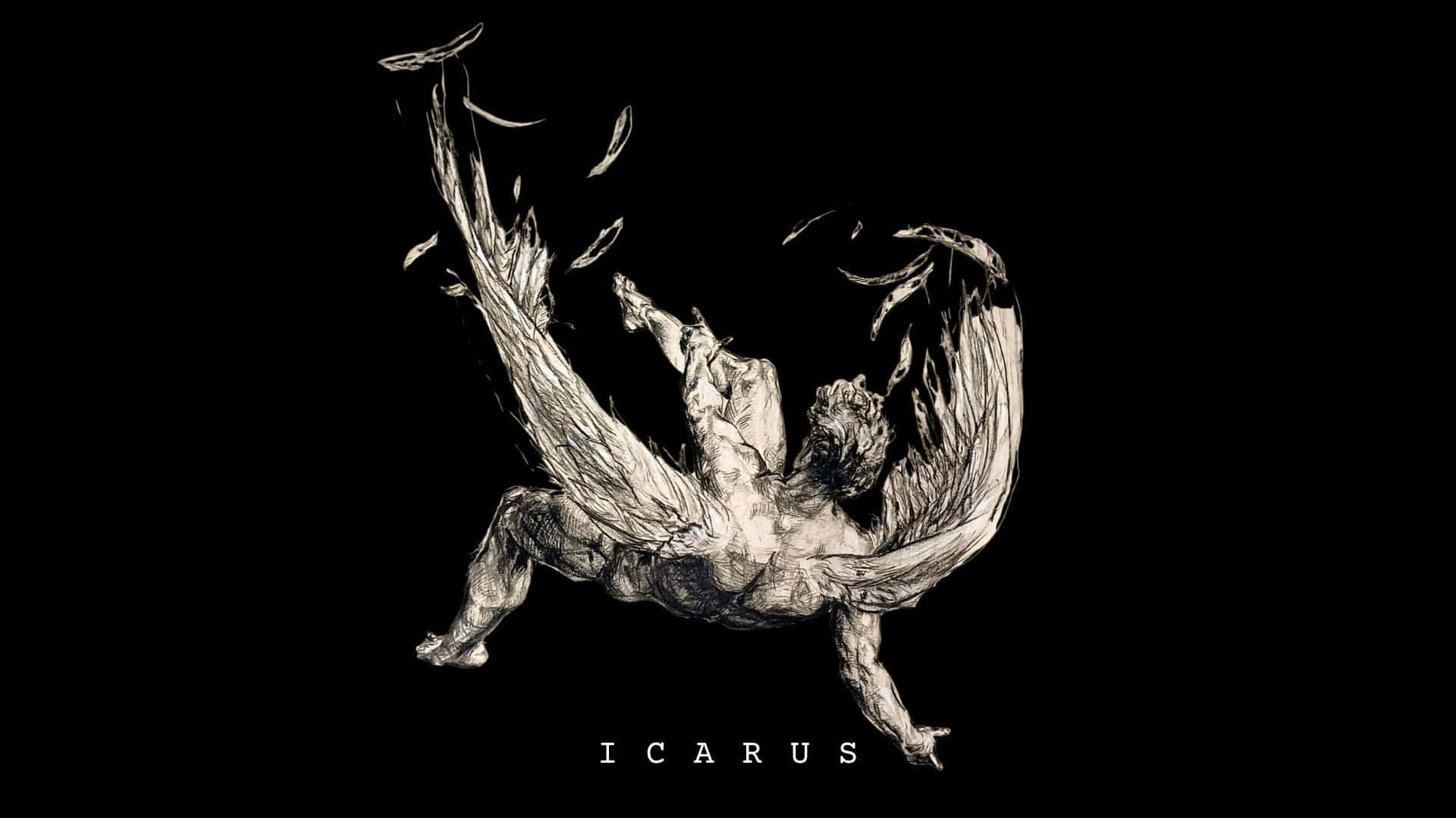 Icarus, wings dissolving into feathers, monochrome sketch, Full HD Desktop Wallpaper