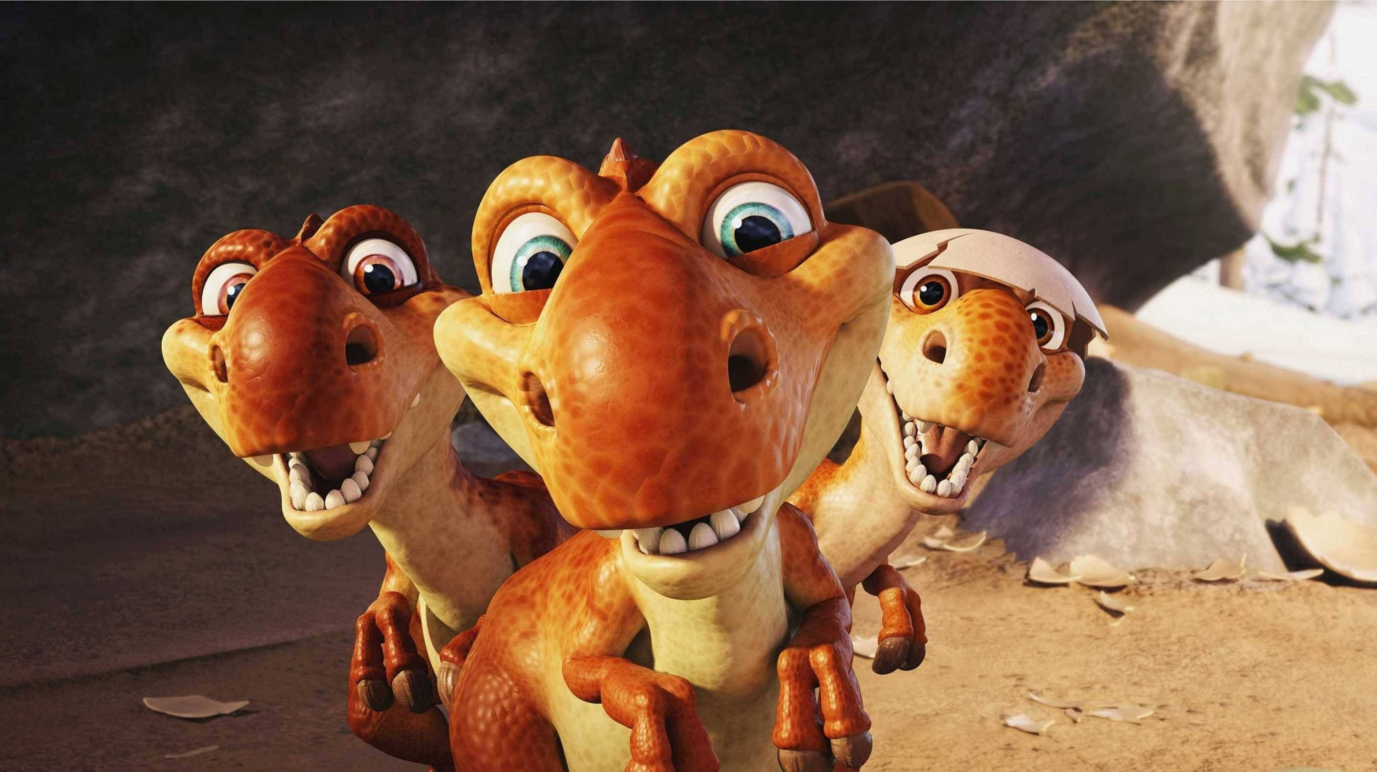 Ice Age, dinosaur hatchlings, rocky cave entrance, 2K Desktop Wallpaper