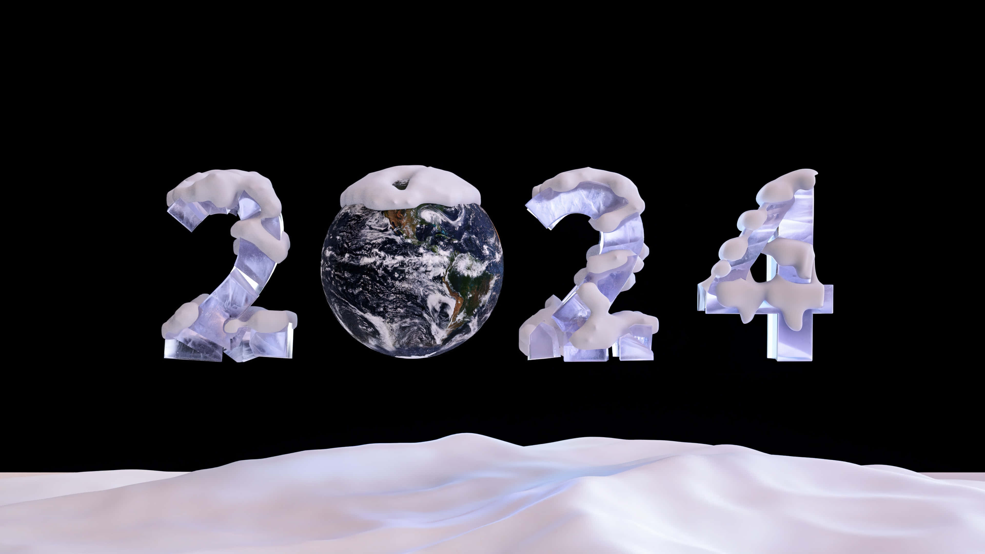 2024, snow-covered 3D numbers, snowy landscape, 4K Desktop Wallpaper