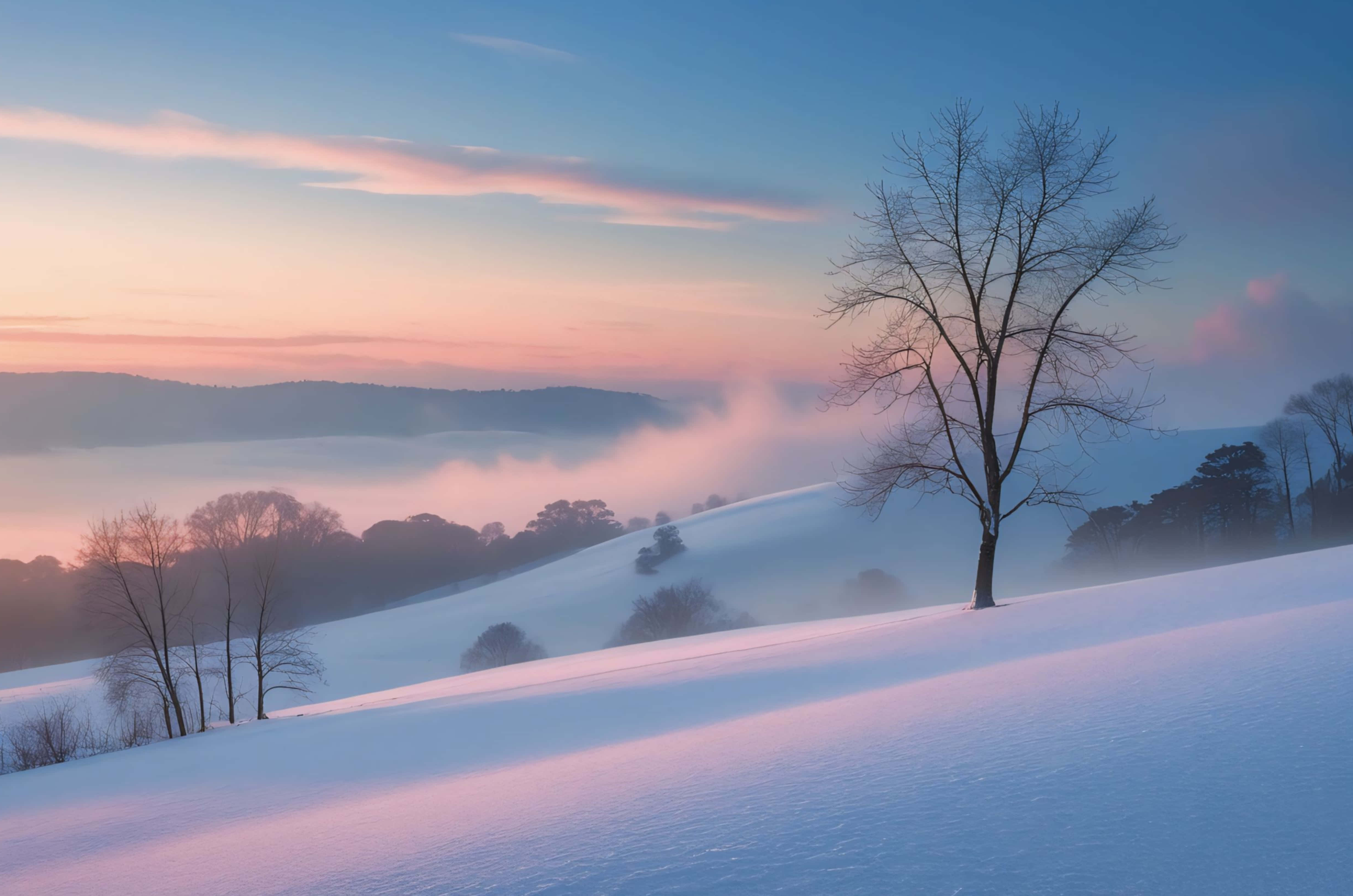 Ice hill, bare tree, snow covered hill, 4K Desktop Wallpaper
