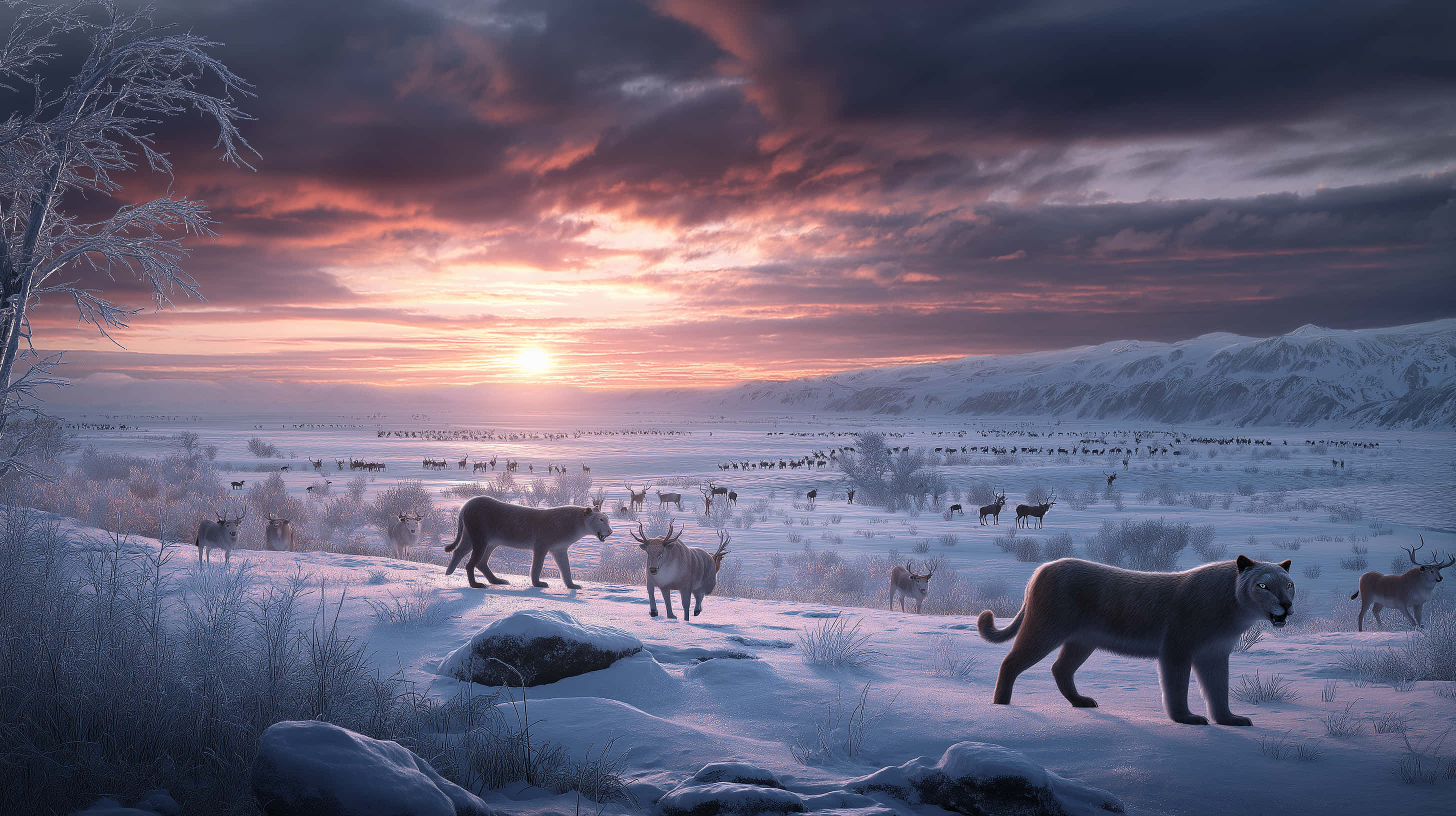 Ice Age, sunset, snowy tundra, 2K Desktop Wallpaper