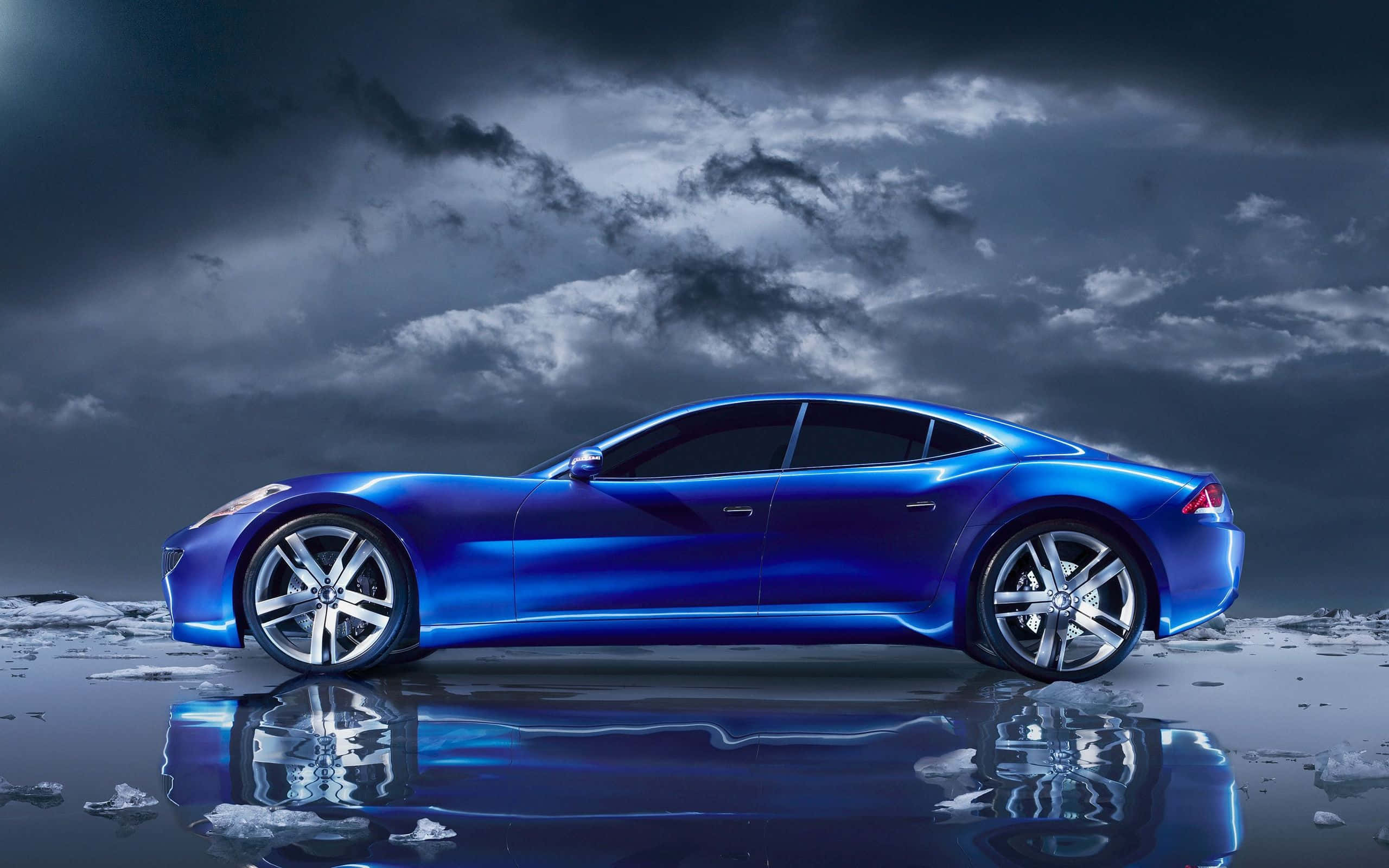 blue sports car, icy water, stormy gray sky, 2K Desktop Wallpaper