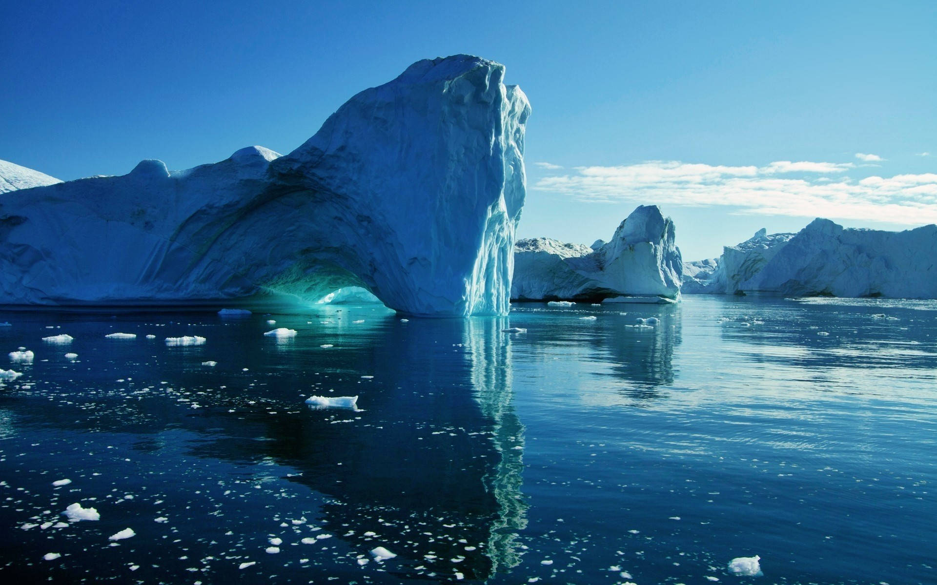 iceberg, natural arch, calm blue waters, Full HD Desktop Wallpaper