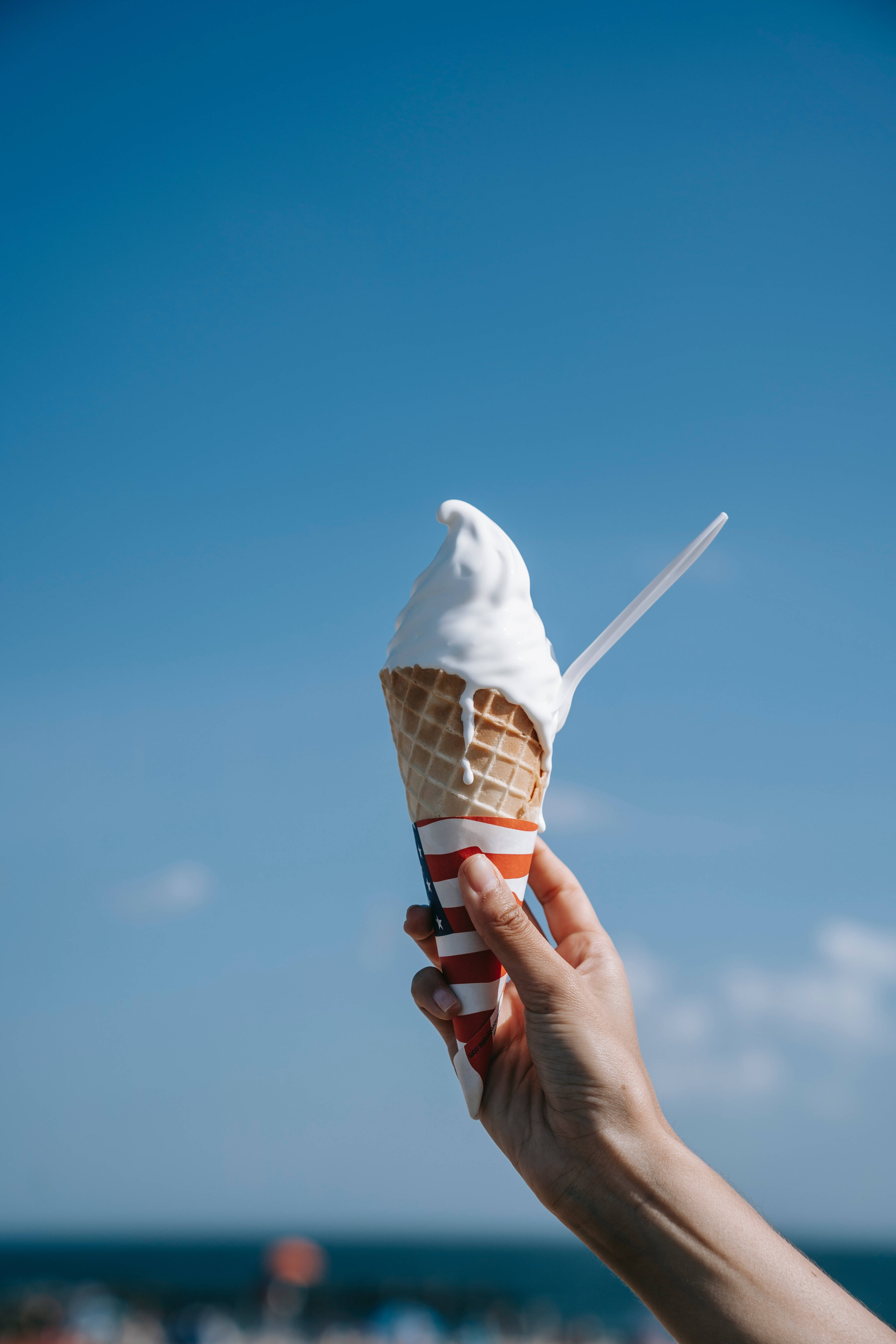 blue ice cream cone, soft serve ice cream cone, clear blue sky, 5K Phone Wallpaper