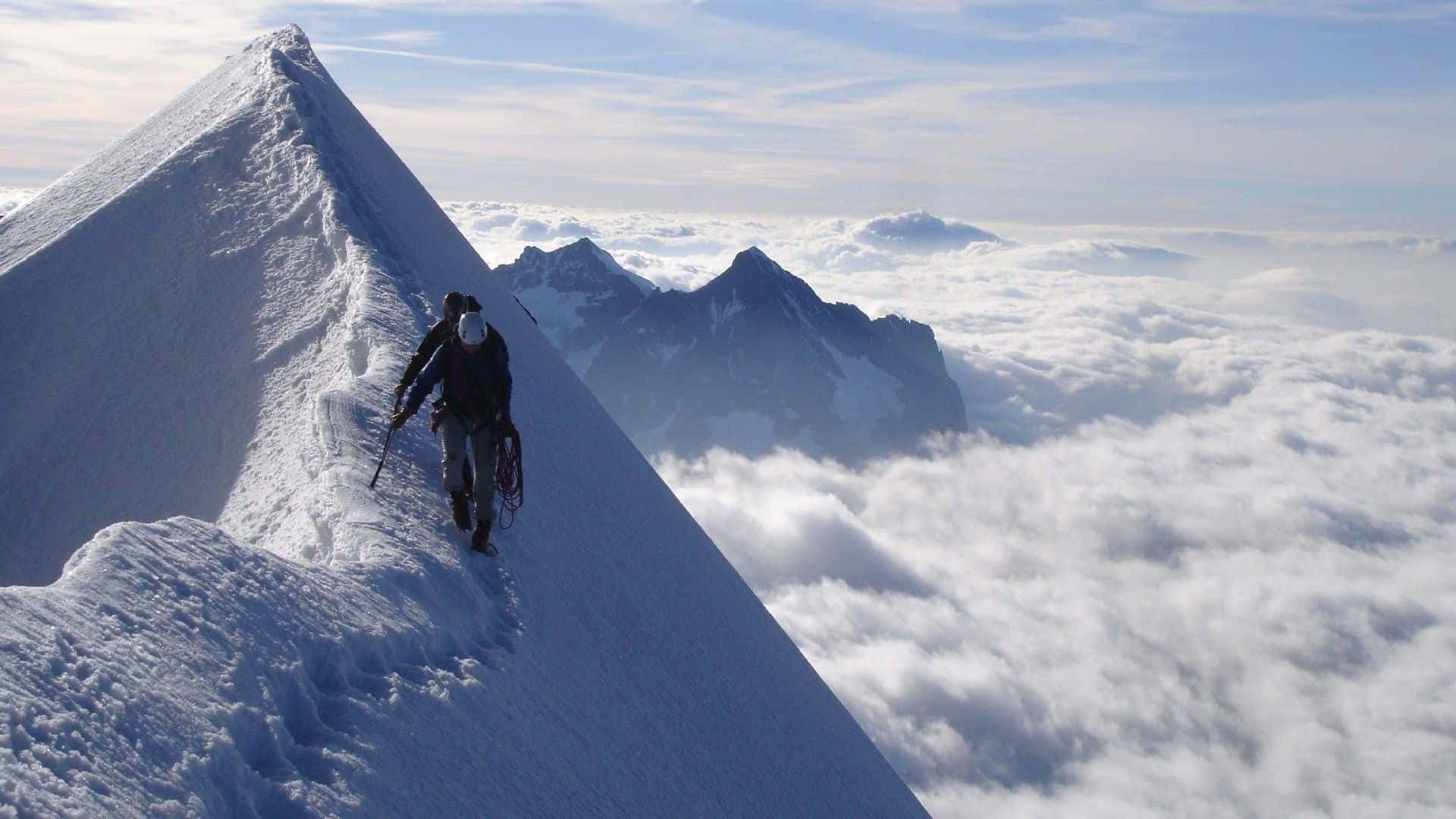 Ice Climbing, snow-covered mountain ridge, sea of clouds, Full HD Desktop Wallpaper