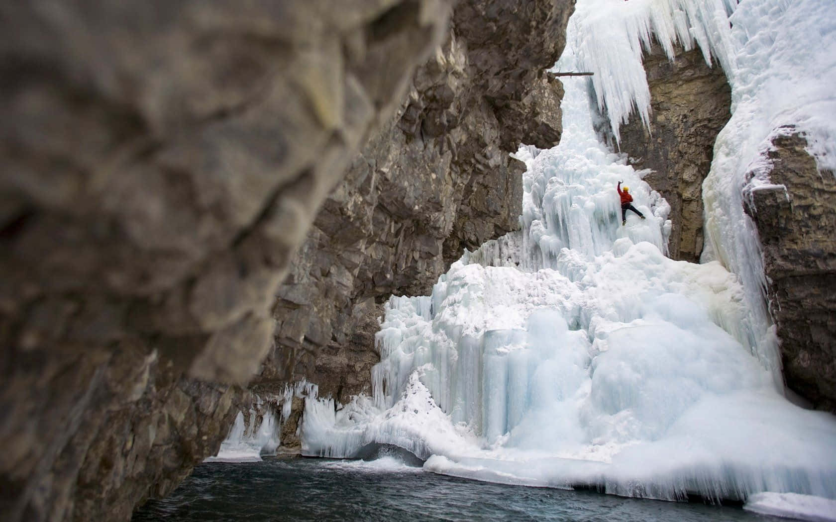 ice climbing, frozen waterfall, rugged cliffs, HD Desktop Wallpaper