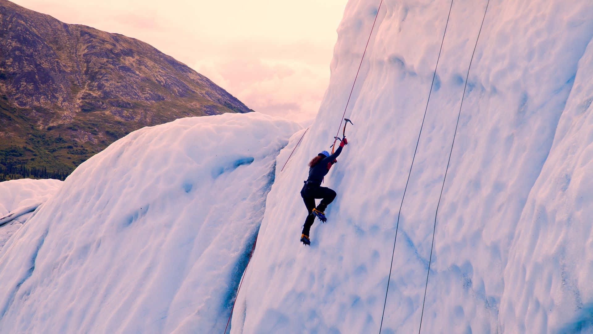 Ice Climbing, sunset, glacier face, Full HD Desktop Wallpaper