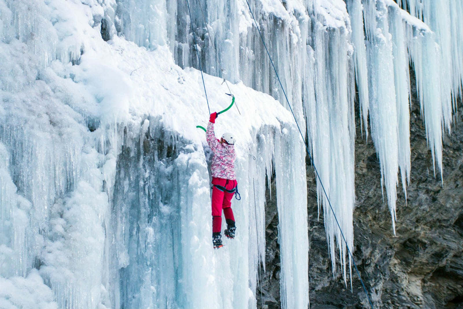ice climbing, pink gear, frozen waterfall, HD Desktop Wallpaper