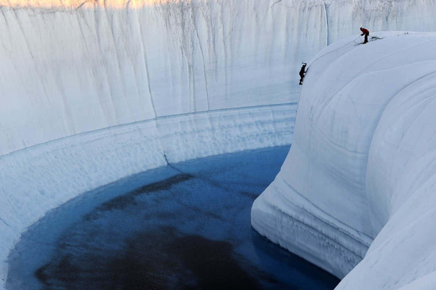 ice climbing, massive ice cliff, deep blue melt pool, HD Desktop Wallpaper