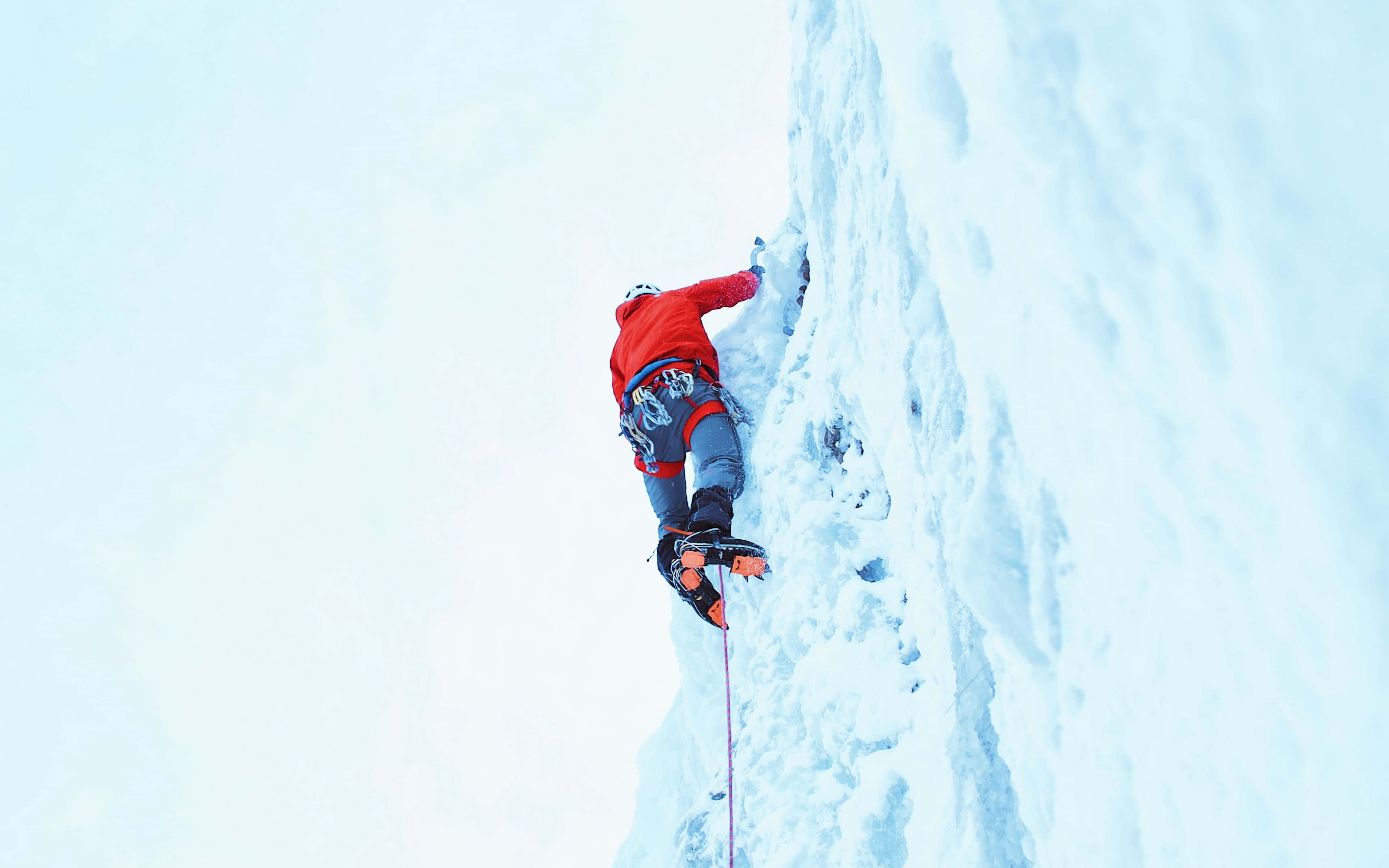 ice climbing, red jacket, crampons, 4K Desktop Wallpaper