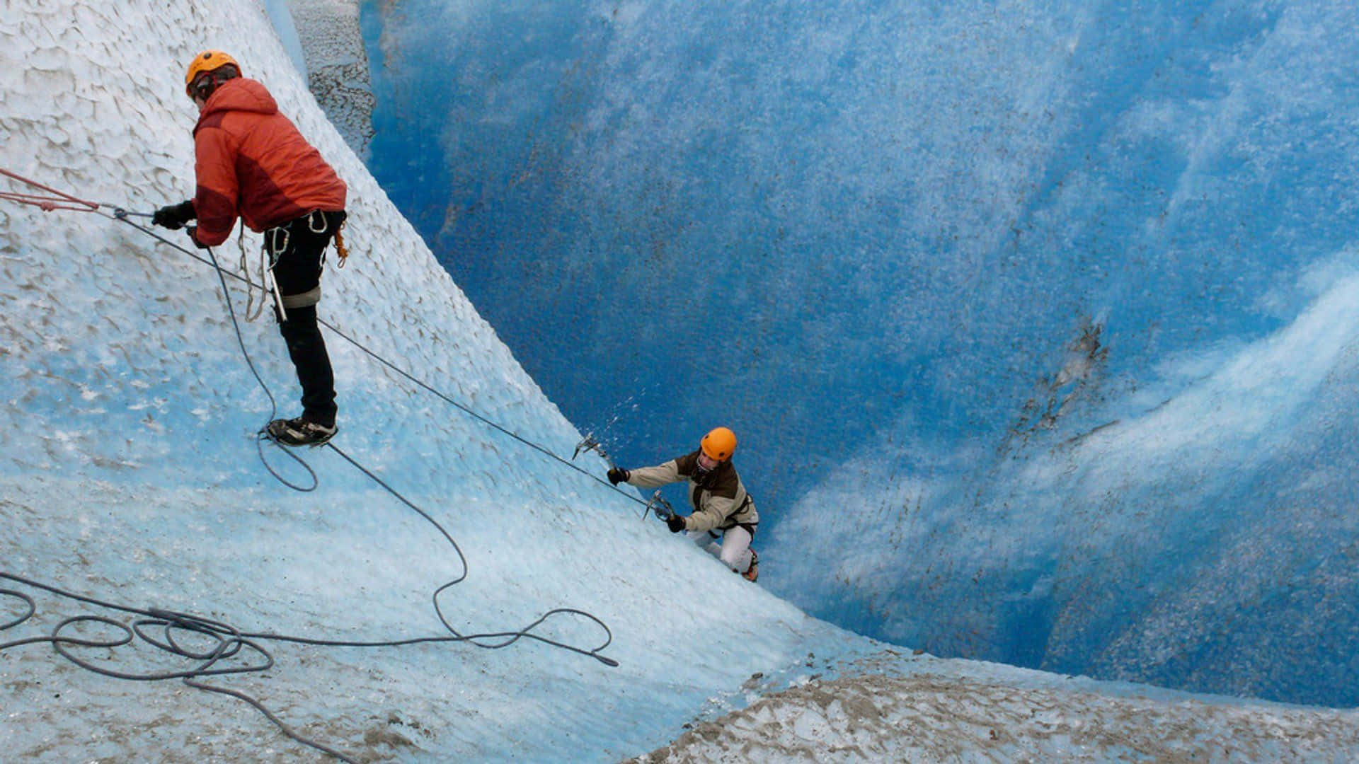 Ice Climbing, icy blue glacier face, ropes, Full HD Desktop Wallpaper