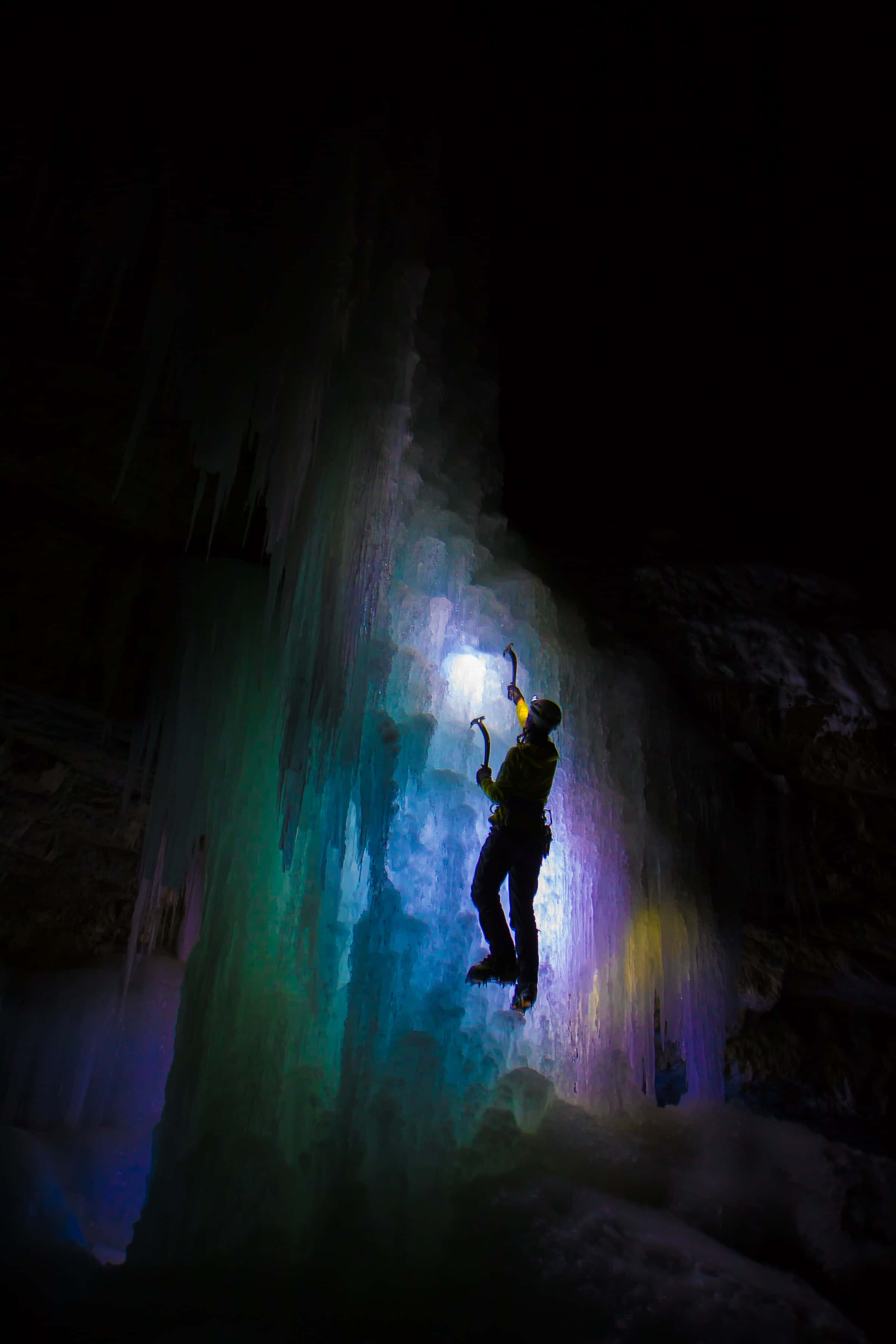 Ice Climbing, glowing ice wall, colorful lights, 2K Phone Wallpaper