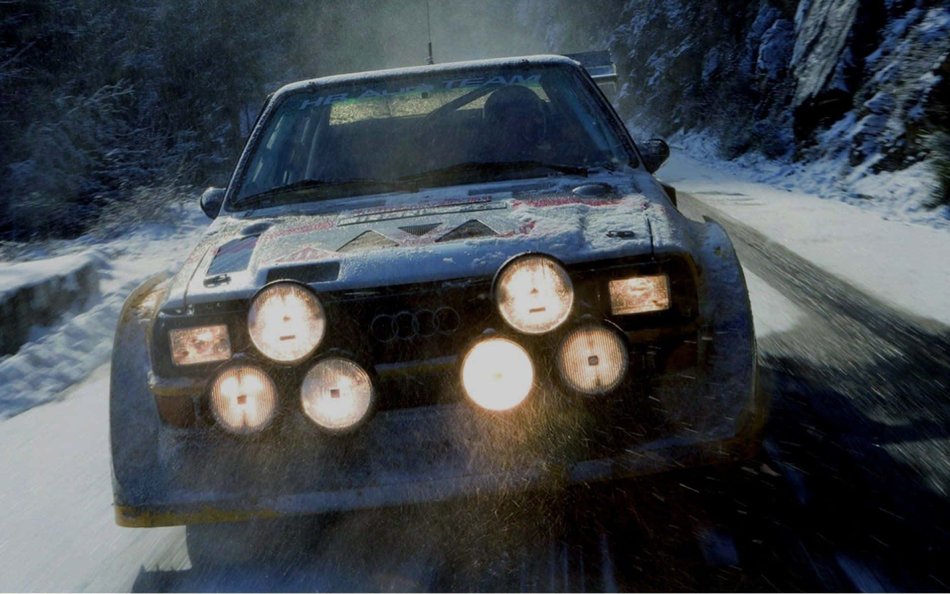 Ice Racing, snow-covered rally car, bright headlights, Full HD Desktop Wallpaper