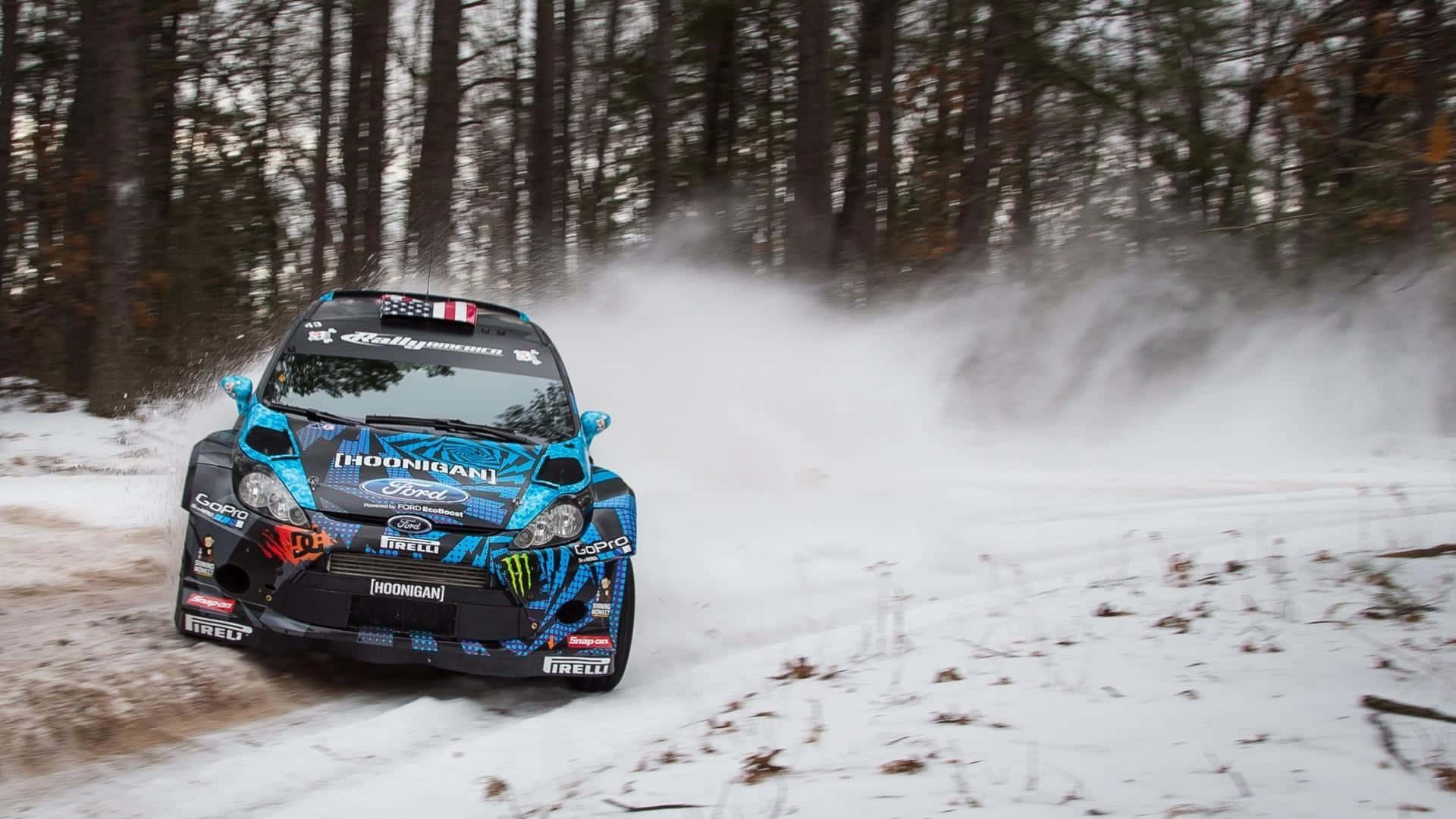 Ice Racing, blue and black rally car, snowy forest trail, Full HD Desktop Wallpaper