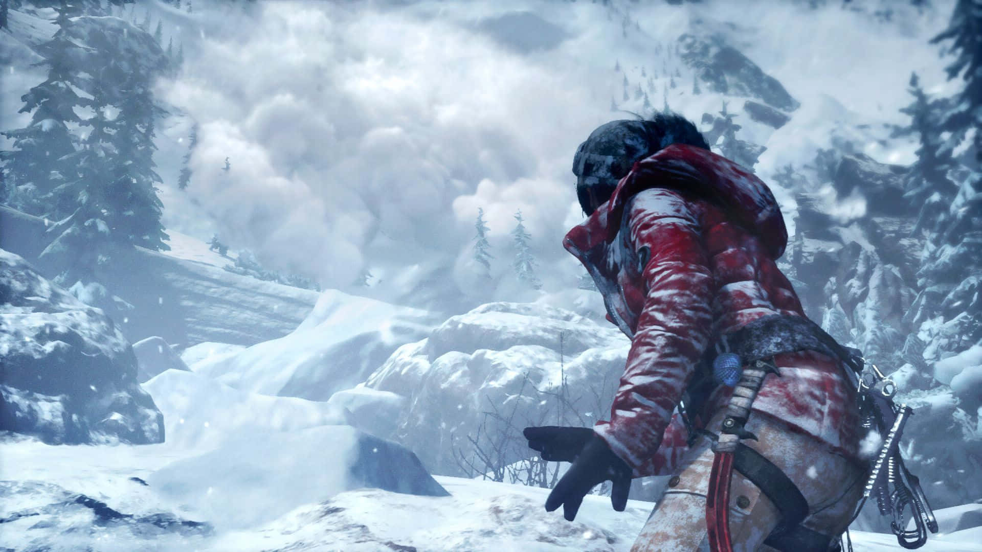 ice climbing, bloodstained red coat, blizzard-covered mountainous wilderness, Full HD Desktop Wallpaper