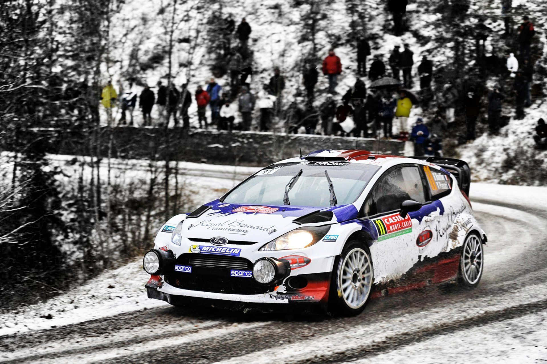 Ice Racing, white rally car, blue red accents, Full HD Desktop Wallpaper
