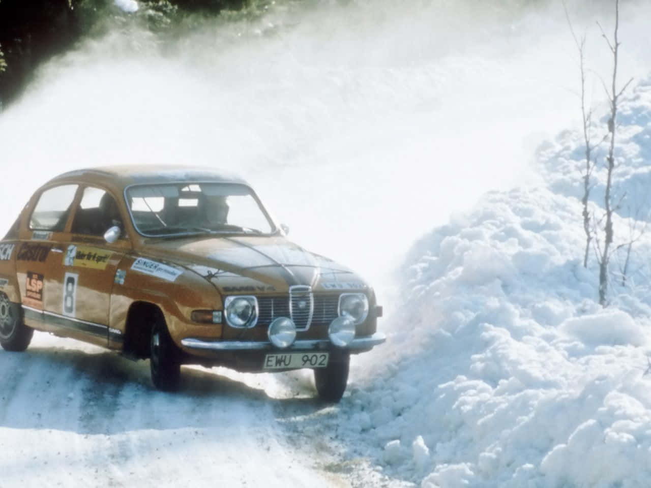 Ice Racing, vintage orange rally car, snowy forest track, HD Desktop Wallpaper