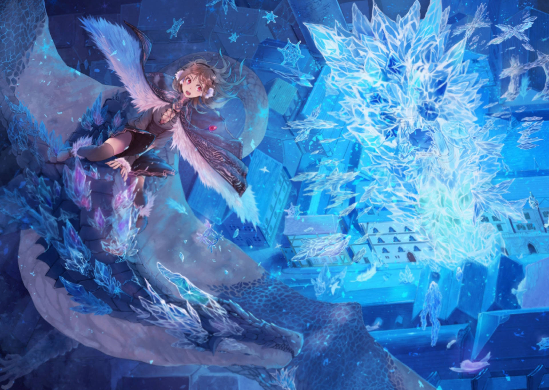 Ice Dragon, anime girl, crystalline blue cityscape, Full HD Desktop Wallpaper