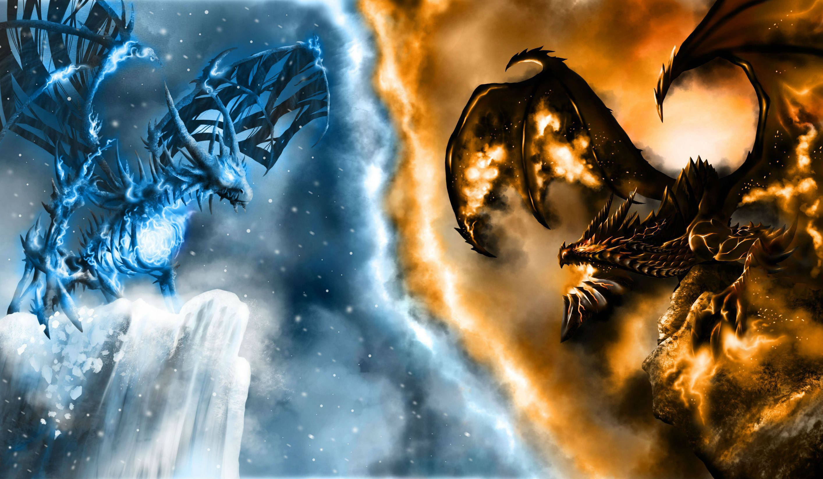 Ice Dragon, Fire Dragon, glowing rift, 2K Desktop Wallpaper