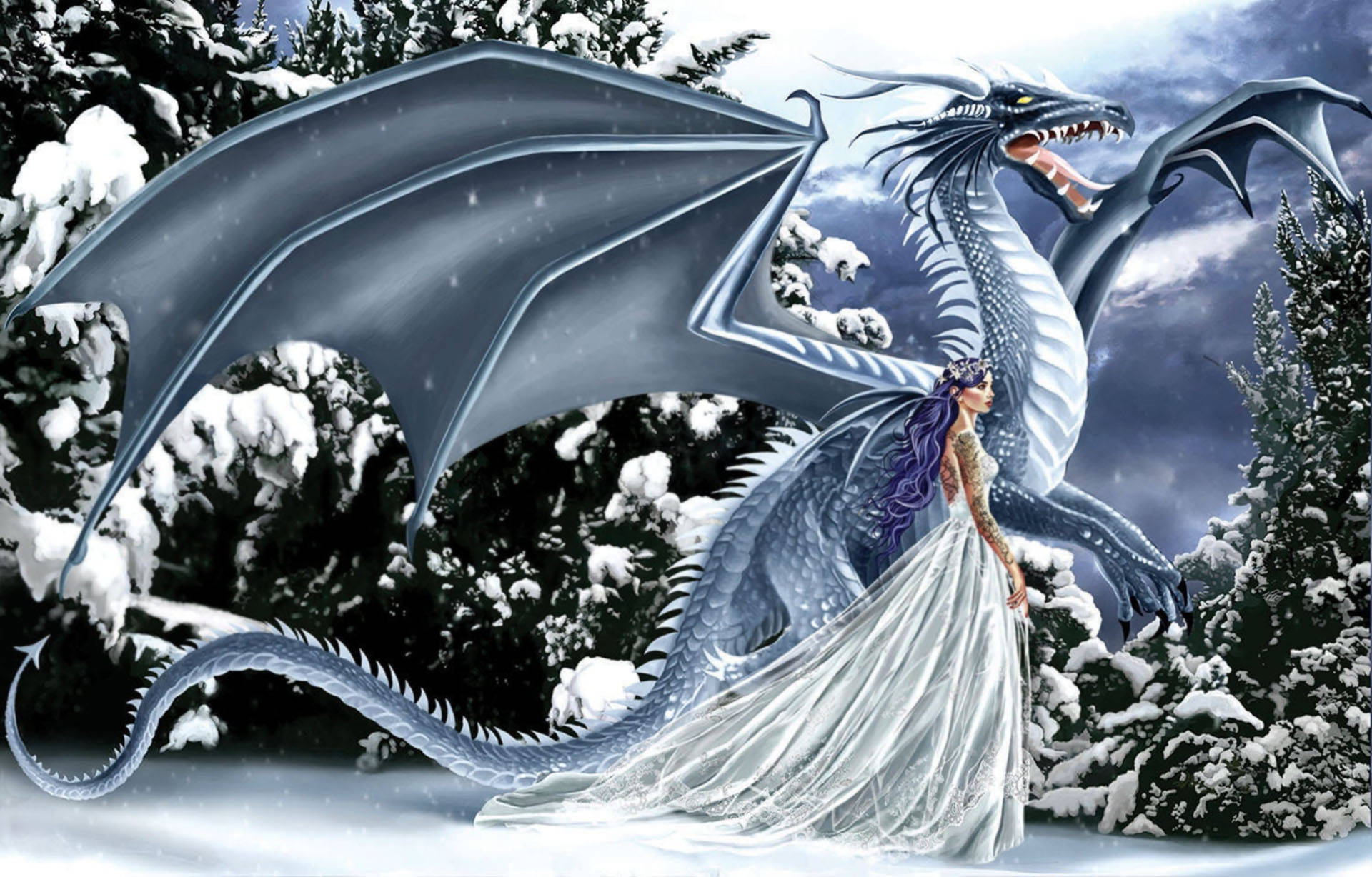 Ice Dragon, princess, silver dragon, Full HD Desktop Wallpaper