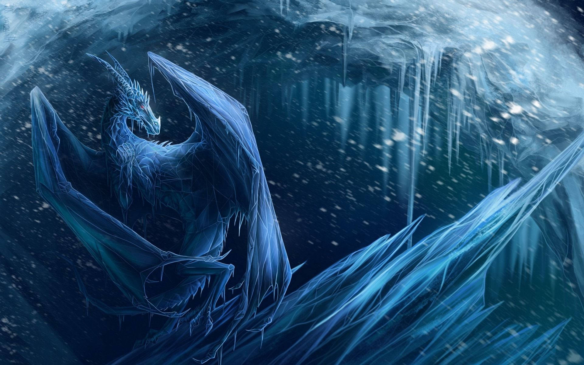 Ice Dragon, crystalline wings, frozen cavern, Full HD Desktop Wallpaper