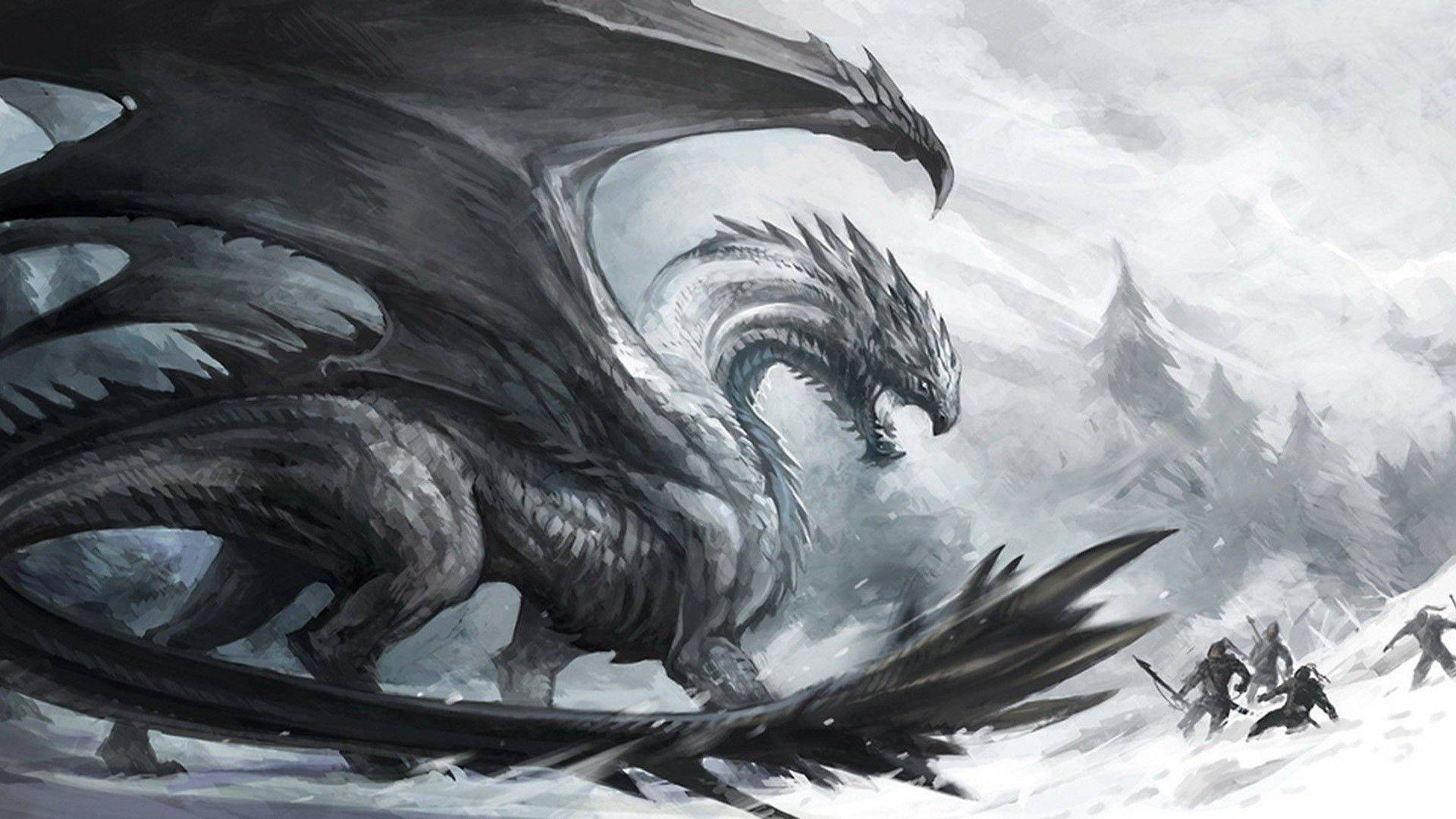 Ice Dragon, snowy mountain landscape, tiny warriors, Full HD Desktop Wallpaper
