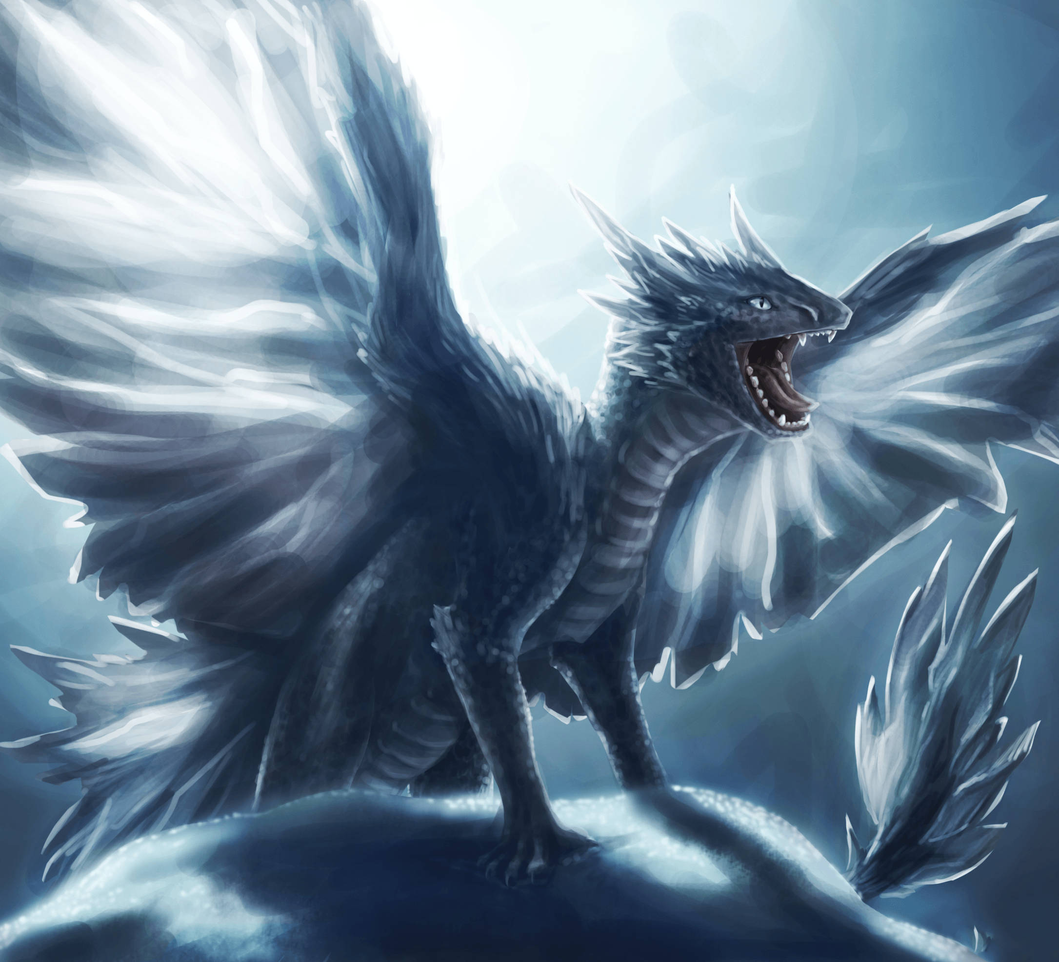 Gray Ice Dragon, frost-covered wings, snowy peak, Full HD Desktop Wallpaper