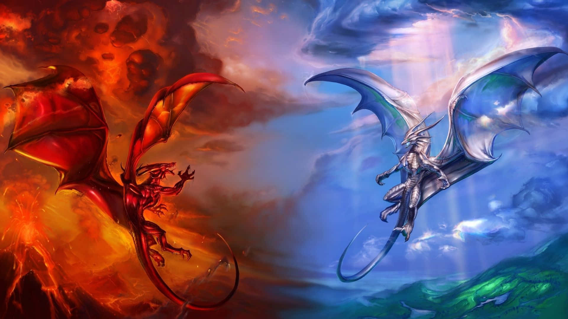 Fire And Ice Dragon, fiery red dragon, silver-blue dragon, Full HD Desktop Wallpaper