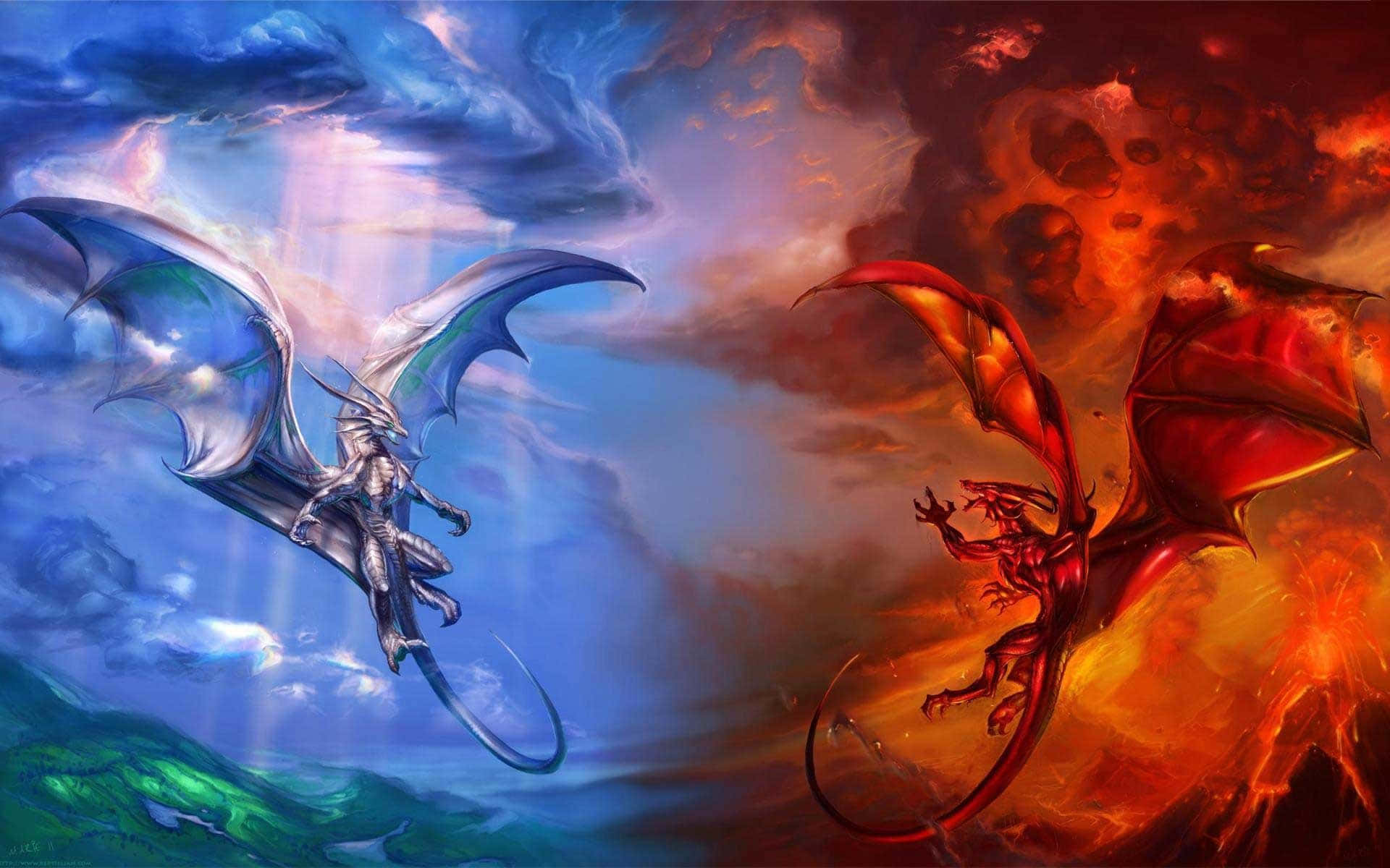 silver dragon, red dragon, blue sky, Full HD Desktop Wallpaper