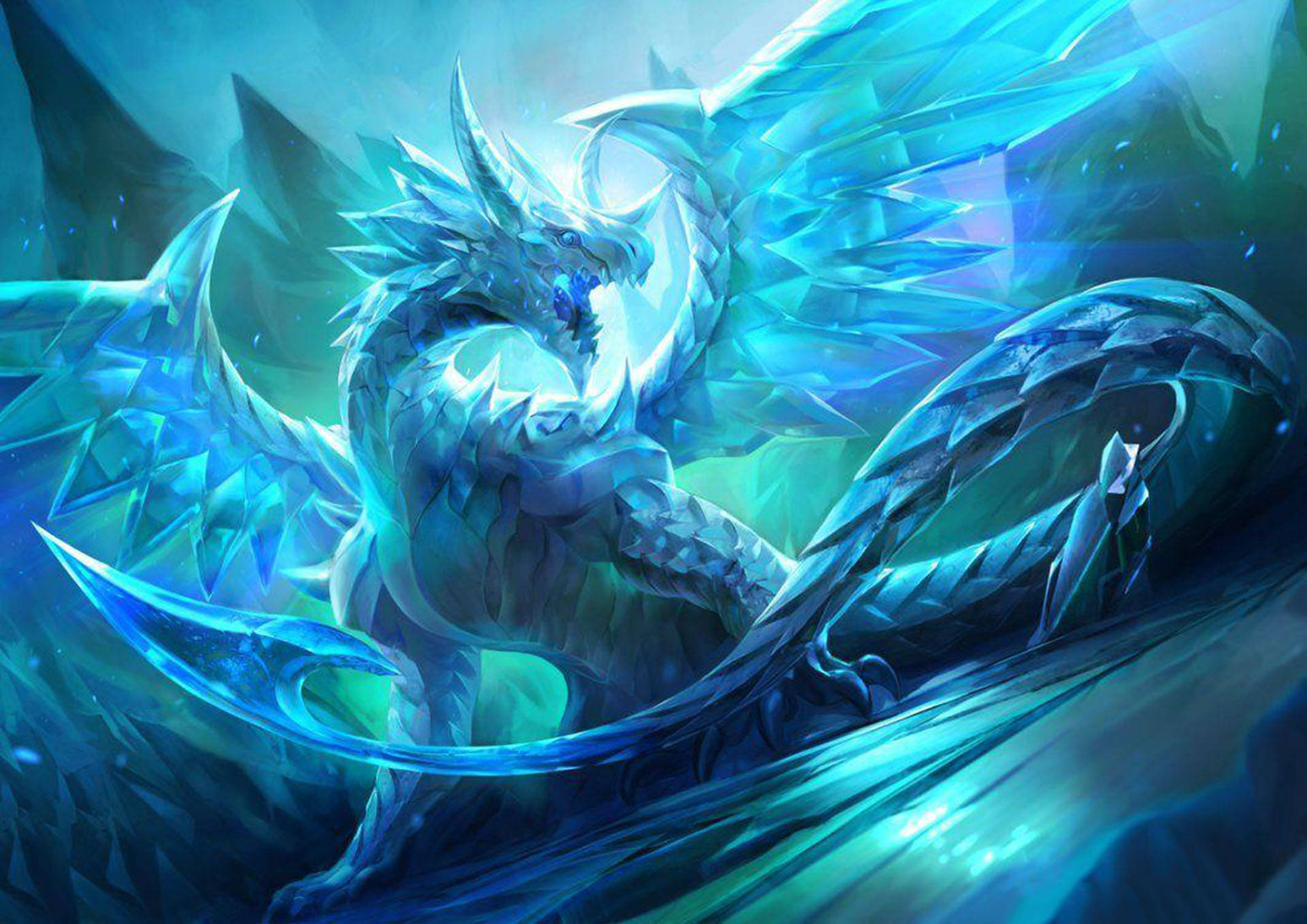 blue winged ice dragon, crystalline wings, glowing blue scales, Full HD Desktop Wallpaper