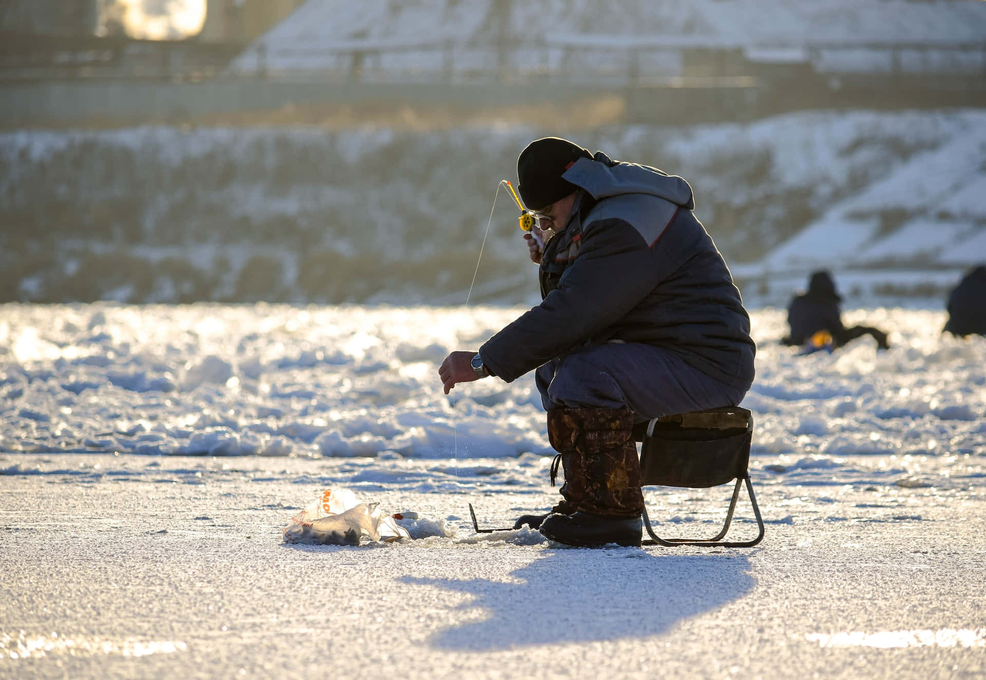 ice fishing, frozen lake, golden hour, Full HD Desktop Wallpaper