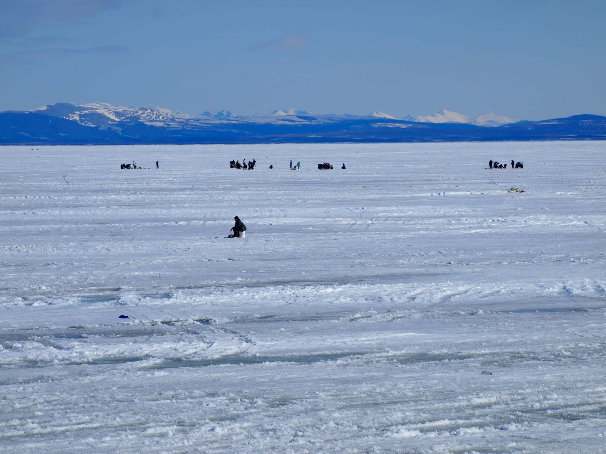 Ice Fishing, frozen lake, clear blue skies, Full HD Desktop Wallpaper