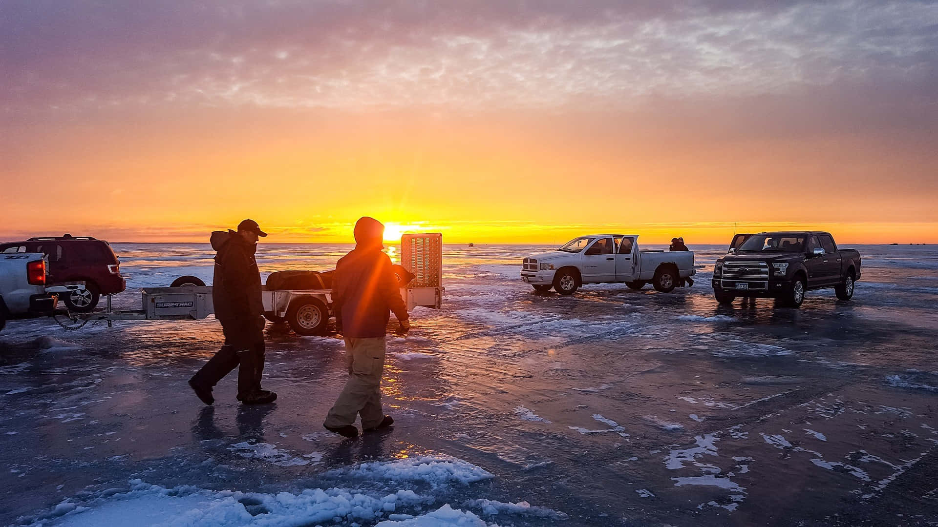 Ice Fishing, frozen lake, sunset, Full HD Desktop Wallpaper
