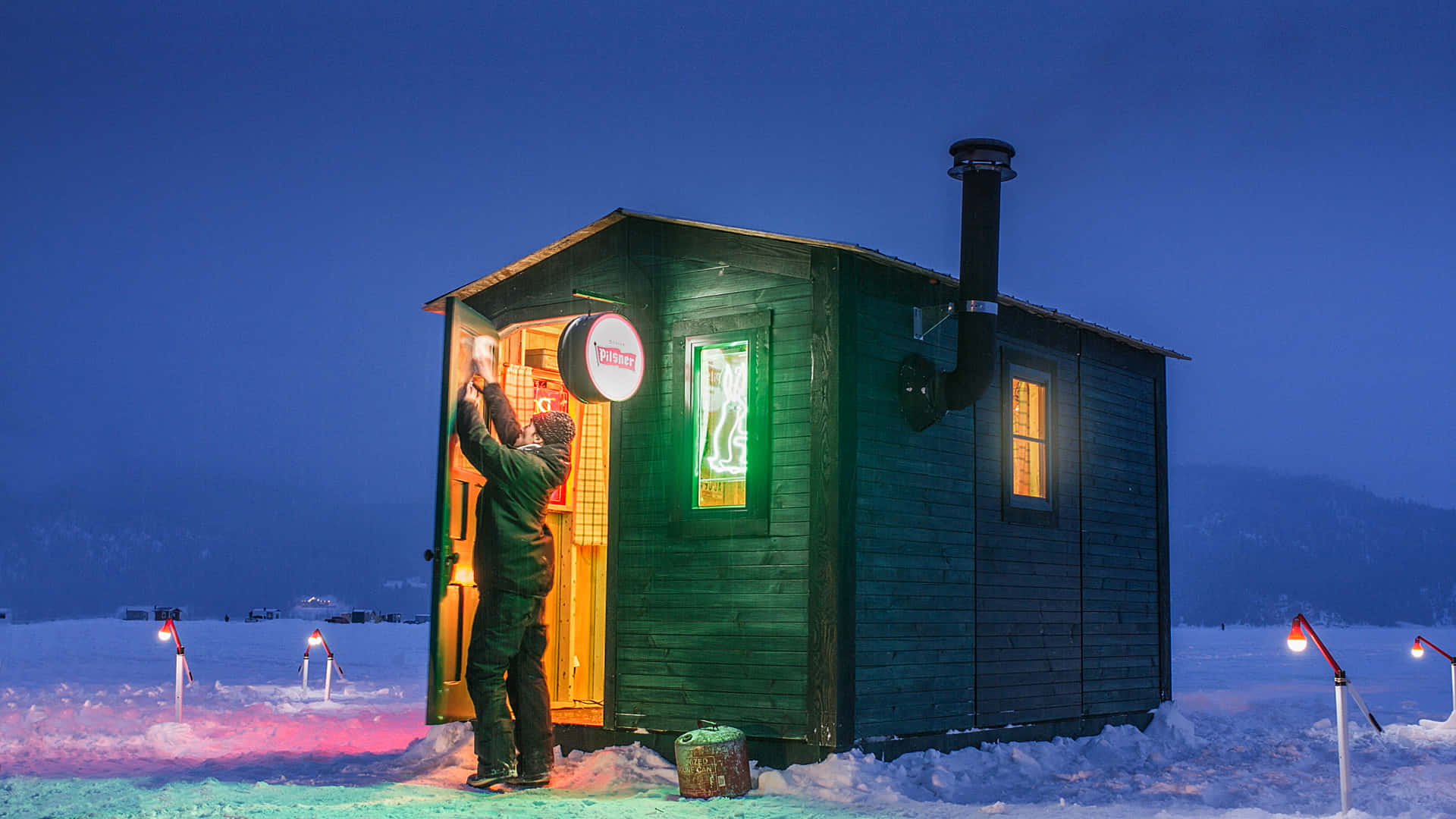 Ice Fishing, 1920 x 1080, green wooden cabin, Full HD Desktop Wallpaper